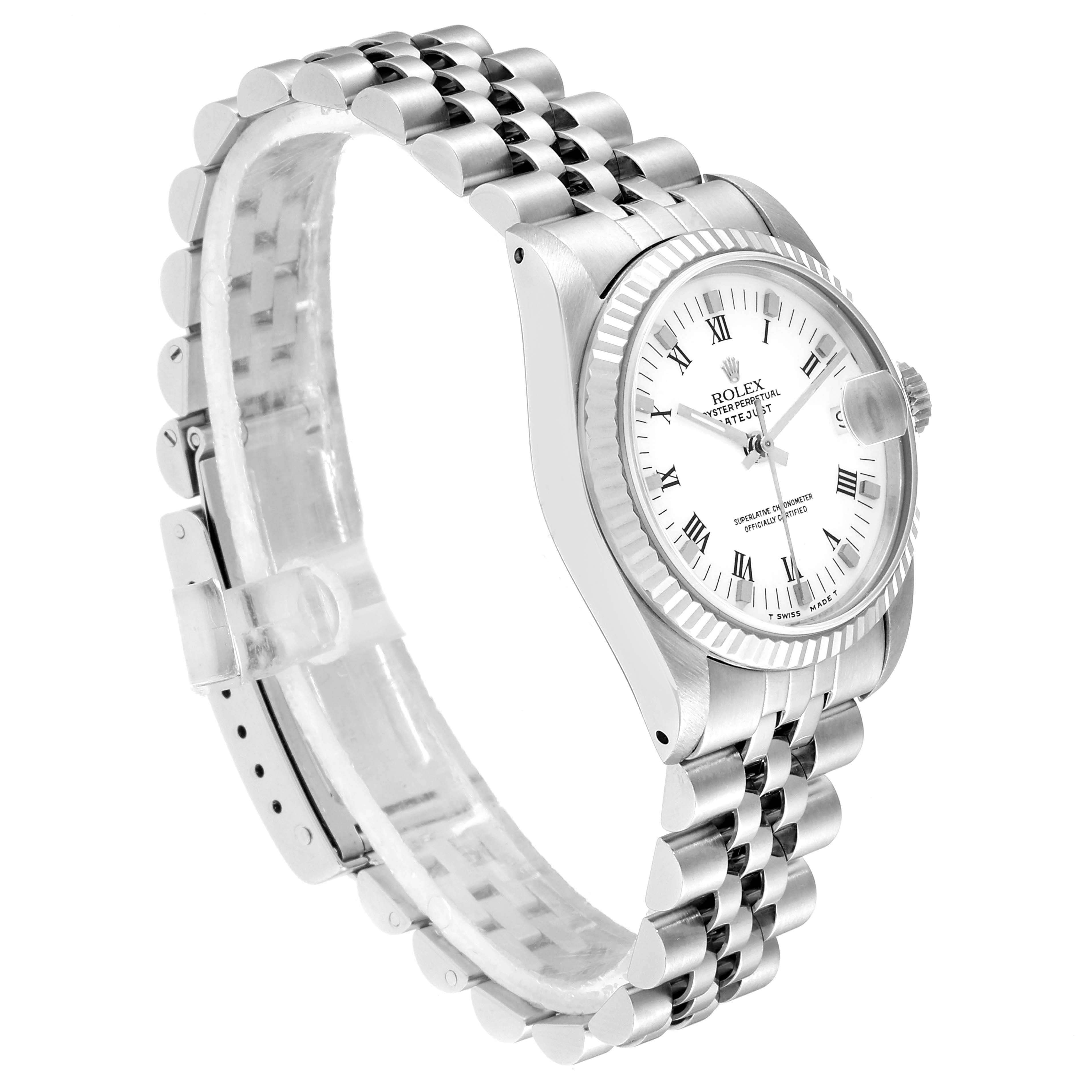The image shows a Rolex Mid-Size 68274 Women
s Stainless Steel White Dial 68274 Women
s Stainless Steel White Dial model watch at a three-quarter angle, displaying its face, bezel, and bracelet.