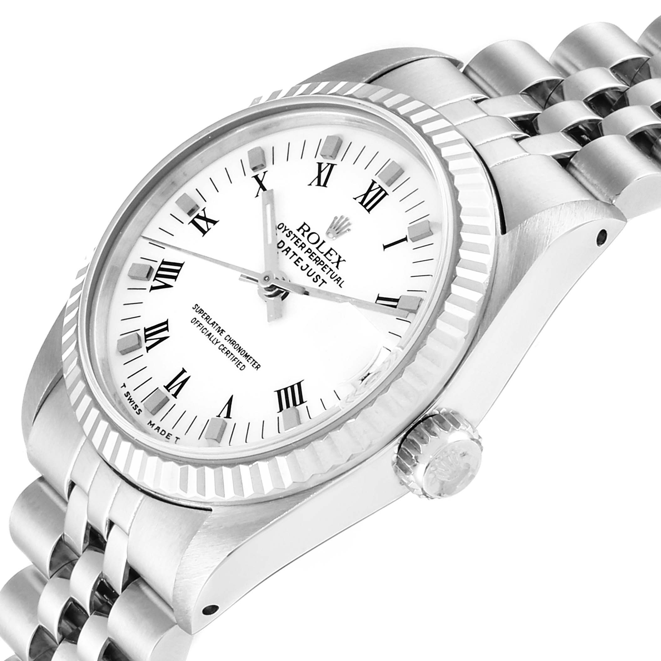 The image shows a tilted side view of the Rolex Mid-Size 68274 Women
s Stainless Steel White Dial 68274 Women
s Stainless Steel White Dial Oyster Perpetual Datejust watch, highlighting its dial, bezel, crown, and bracelet.
