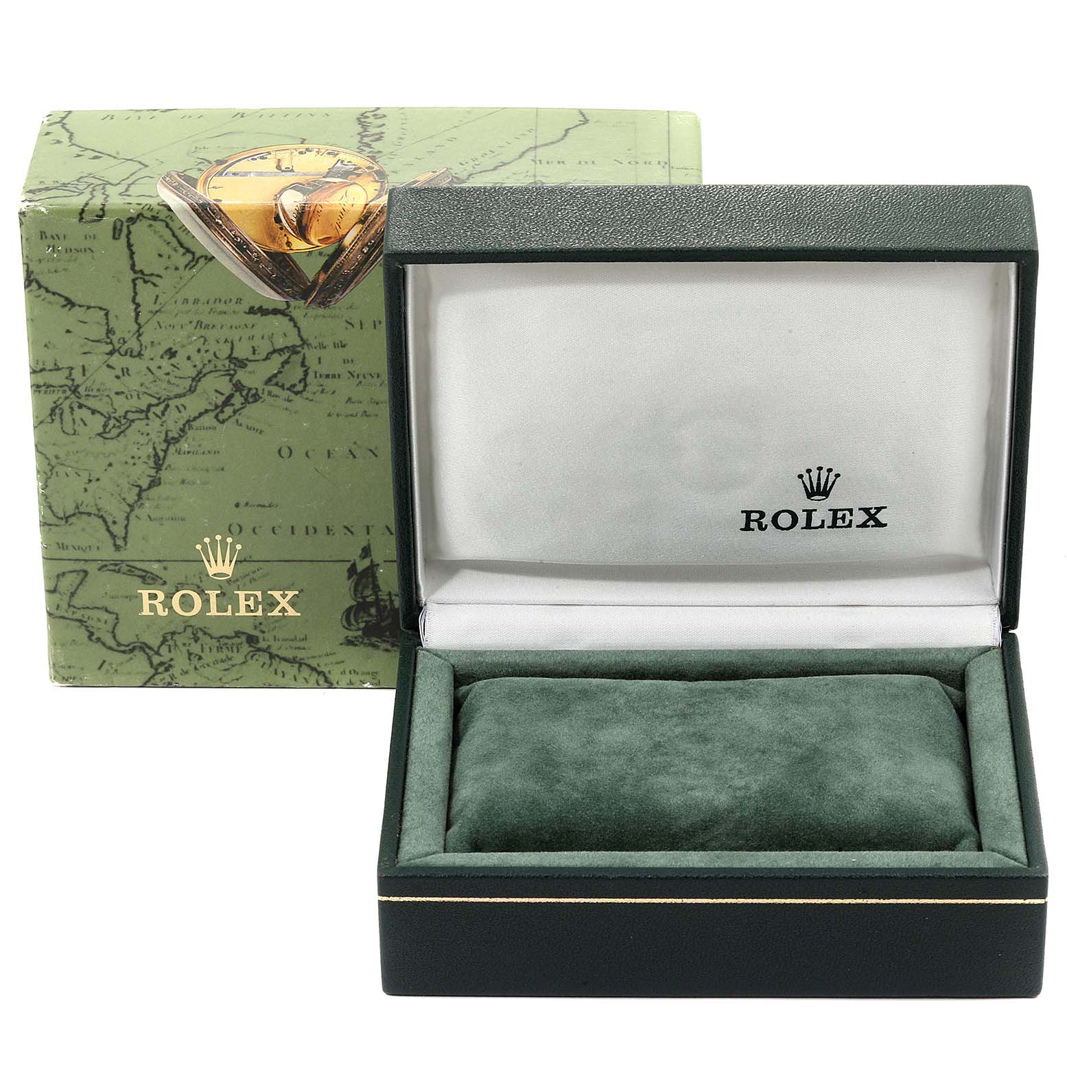 The image shows an open green Rolex box for the Mid-Size model, with the Rolex logo inside and the outer map-designed packaging.