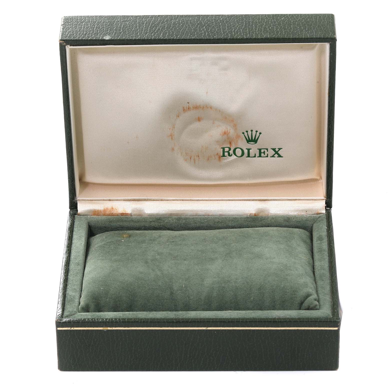 The image shows an open green Rolex box with a cushion, designed for a Mid-Size model watch.