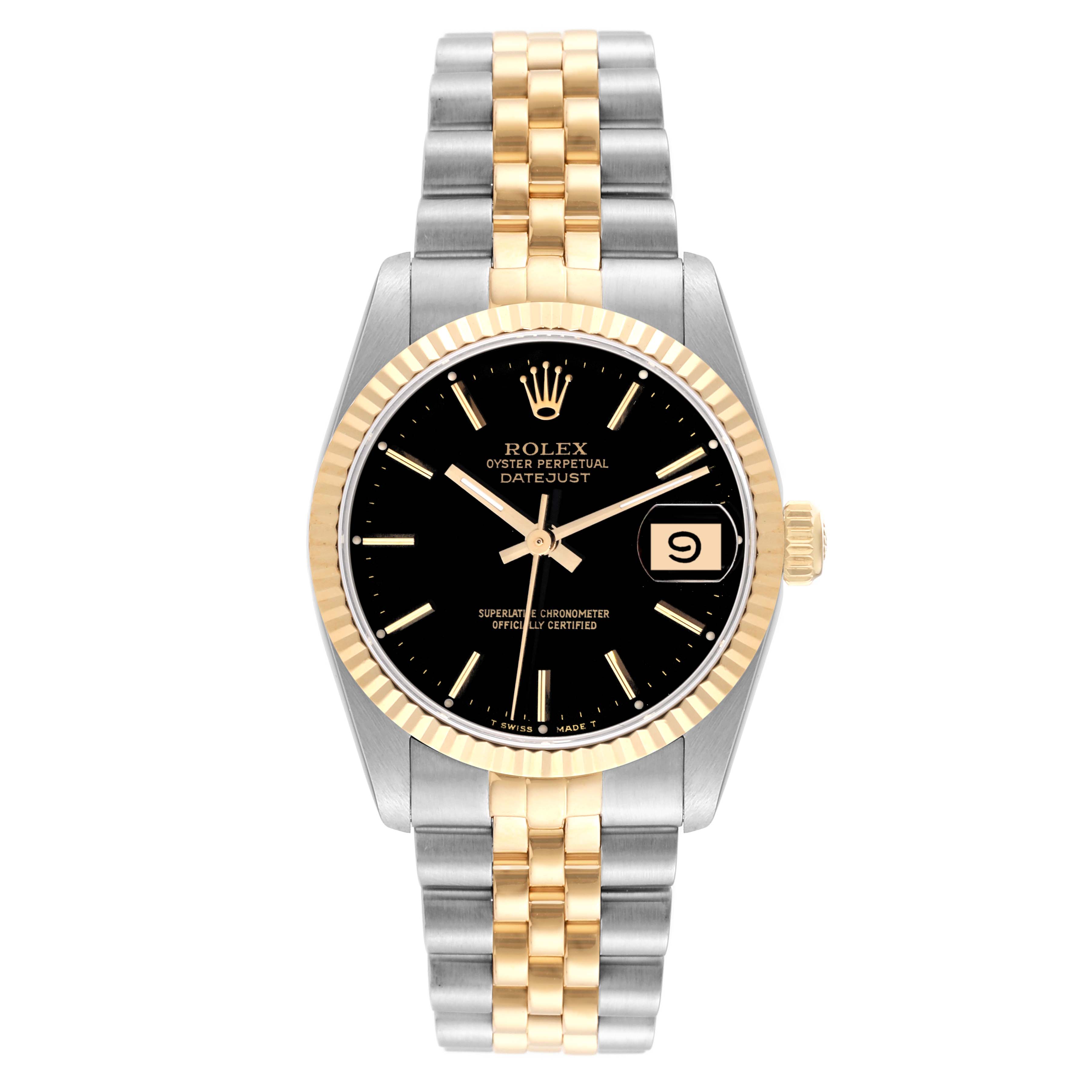 The image shows a Rolex Mid-Size 68273 Women's Steel and Gold (two tone) Black Dial 68273 Women's Steel and Gold (two tone) Black Dial Datejust watch with a black dial, gold accents, and a two-tone bracelet, viewed from the front.
