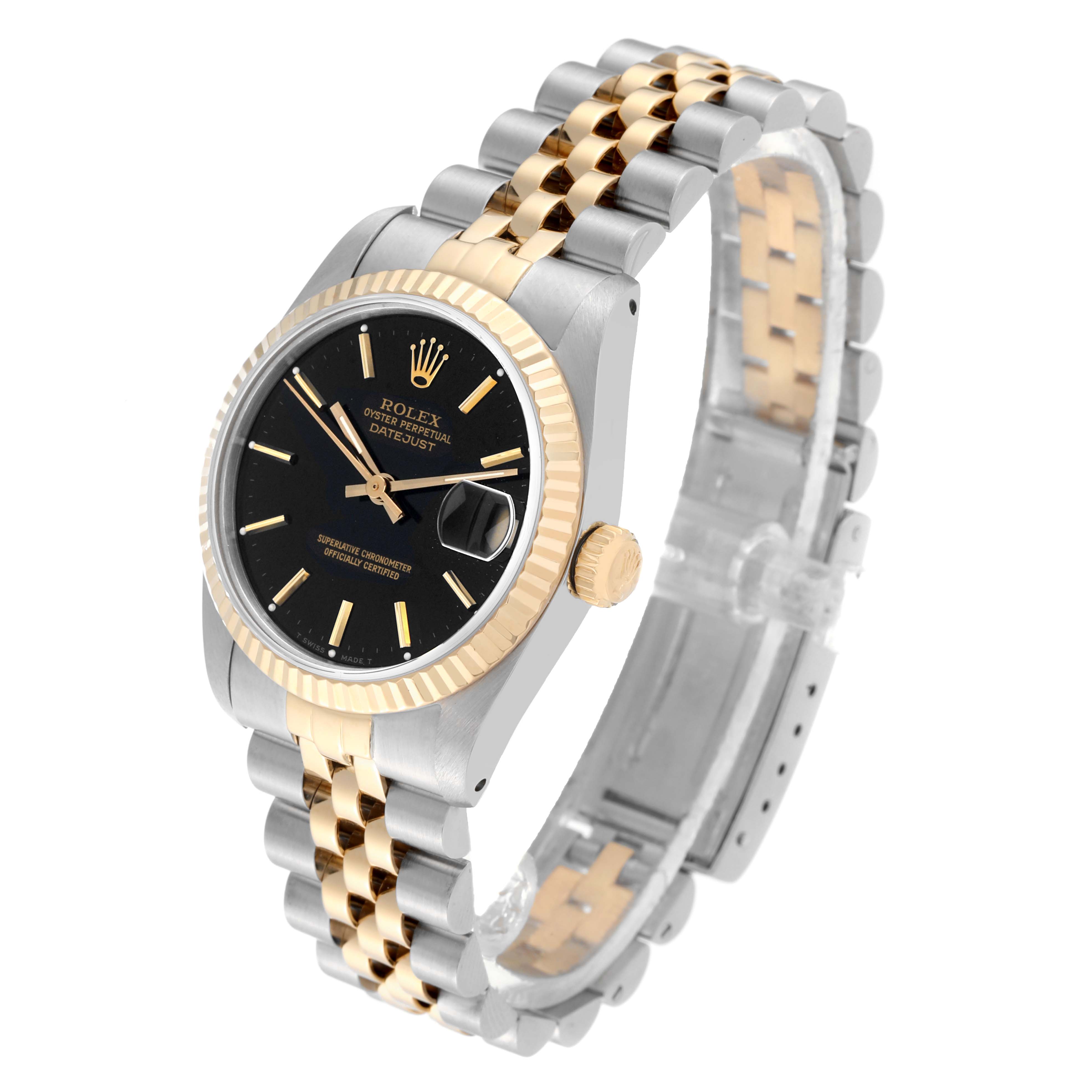 The image shows a side perspective of a Mid-Size Rolex Datejust, highlighting the black dial, fluted bezel, and two-tone bracelet.