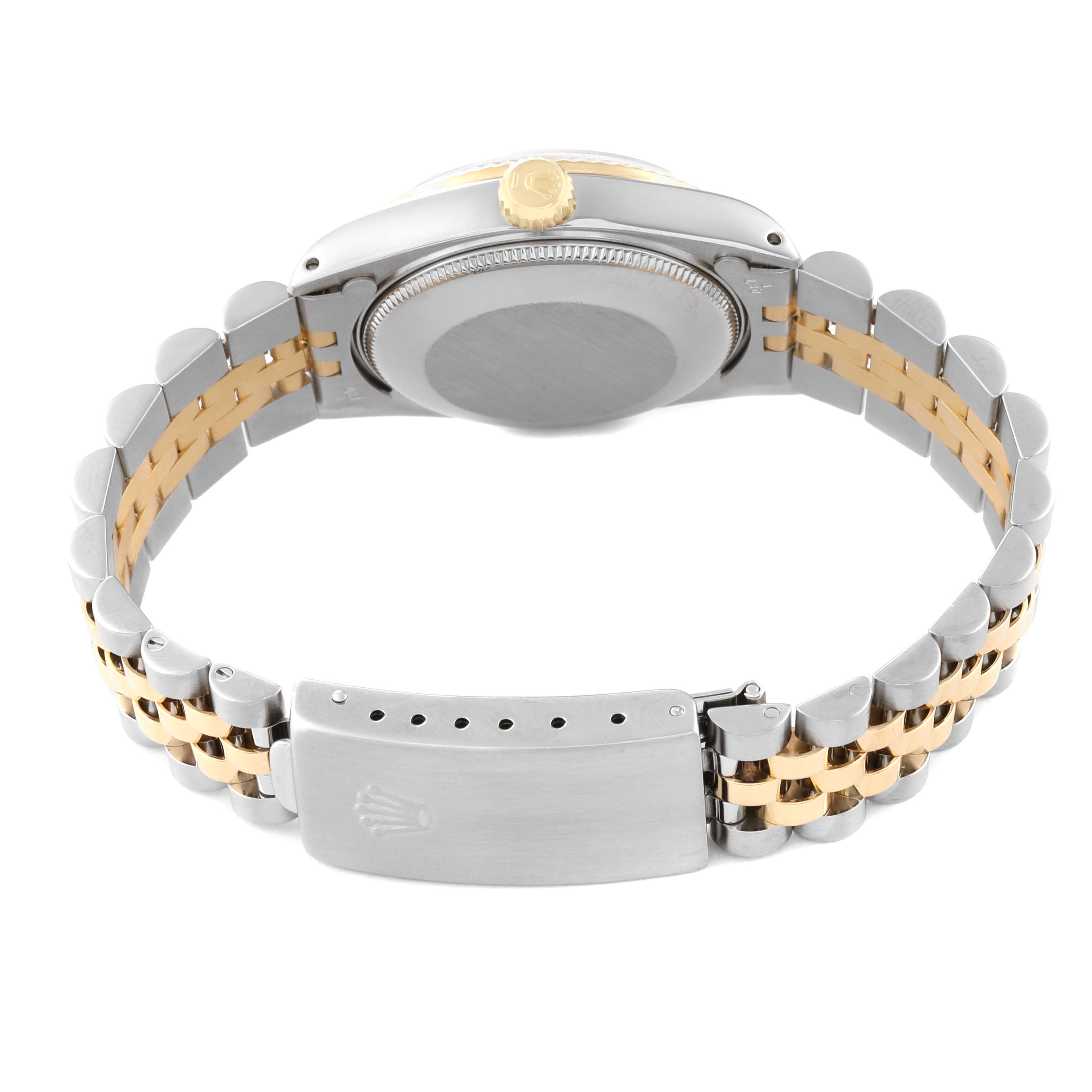 The image shows the back view and bracelet of a Rolex Mid-Size 68273 Women's Steel and Gold (two tone) Black Dial 68273 Women's Steel and Gold (two tone) Black Dial watch, highlighting the clasp and case back.