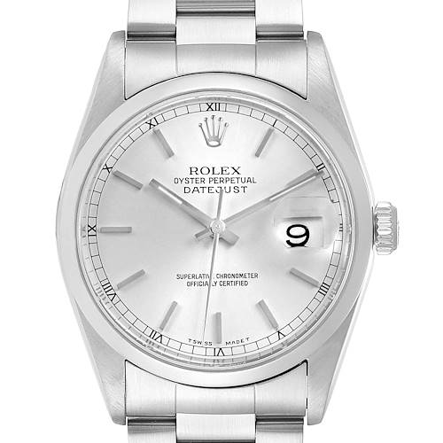 This image shows a frontal view of the Rolex Datejust wristwatch, highlighting the dial, hands, date window, and bracelet.