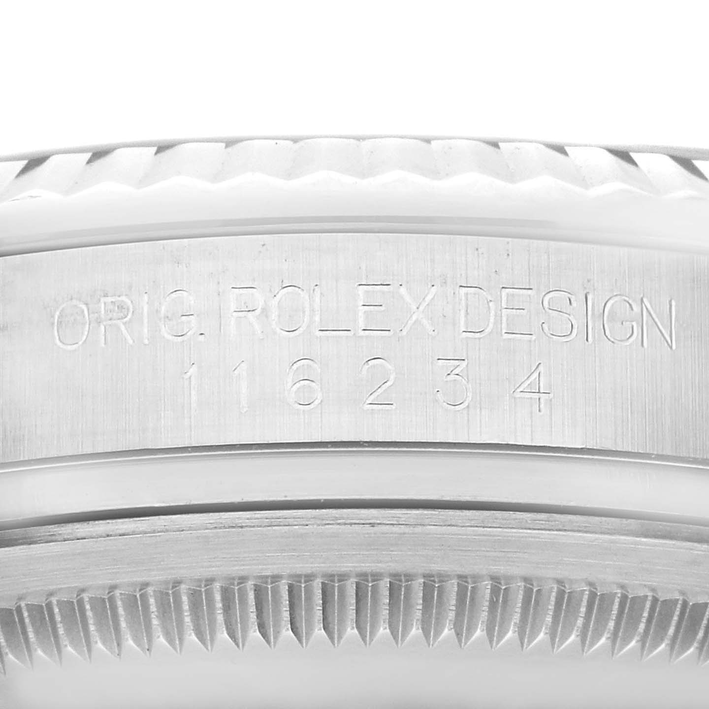 This is a close-up of the bezel and case side of a Rolex Datejust 116234 Men's Stainless Steel Black Dial 116234 Men's Stainless Steel Black Dial watch, showing the engraved model number "116234."