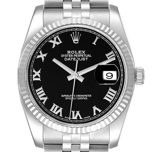 The image shows a front view of the Rolex Datejust watch, displaying the face, bezel, crown, and part of the bracelet.