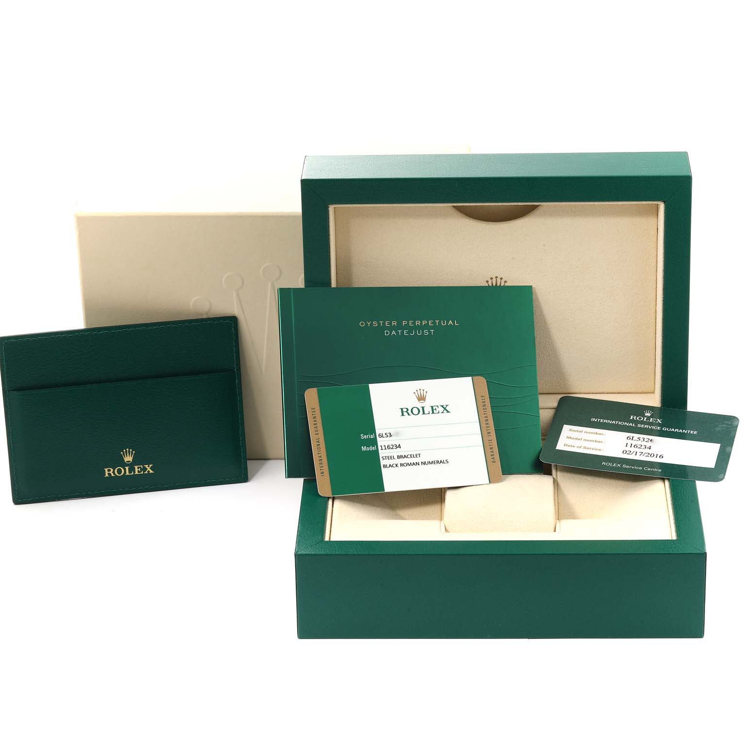 The image shows a Rolex Datejust 116234 Men's Stainless Steel Black Dial 116234 Men's Stainless Steel Black Dial box at an eye-level angle, including warranty cards, manuals, and the original packaging.