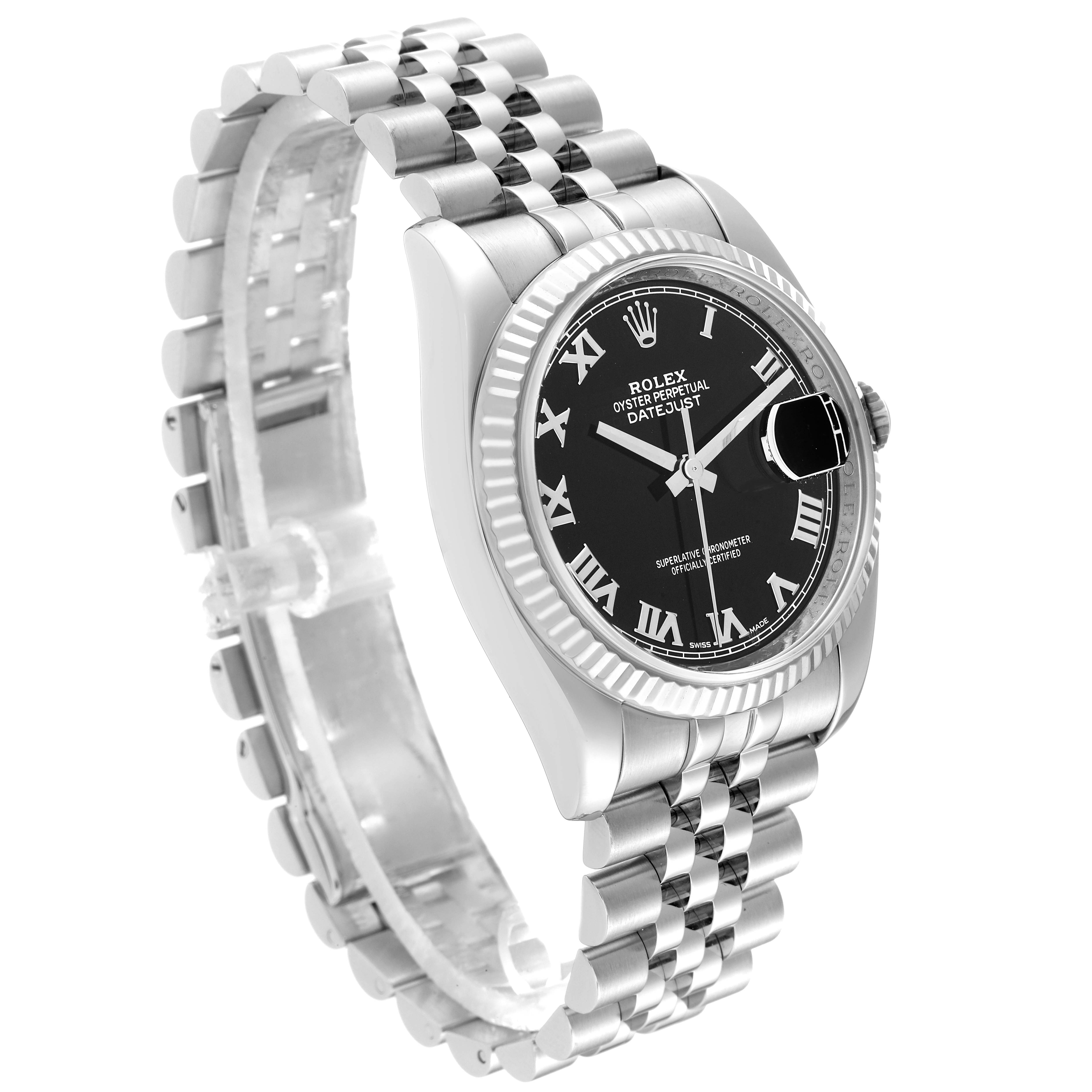 The Rolex Datejust 116234 Men's Stainless Steel Black Dial 116234 Men's Stainless Steel Black Dial watch is shown at a three-quarter angle displaying the watch face, case, and Jubilee bracelet.