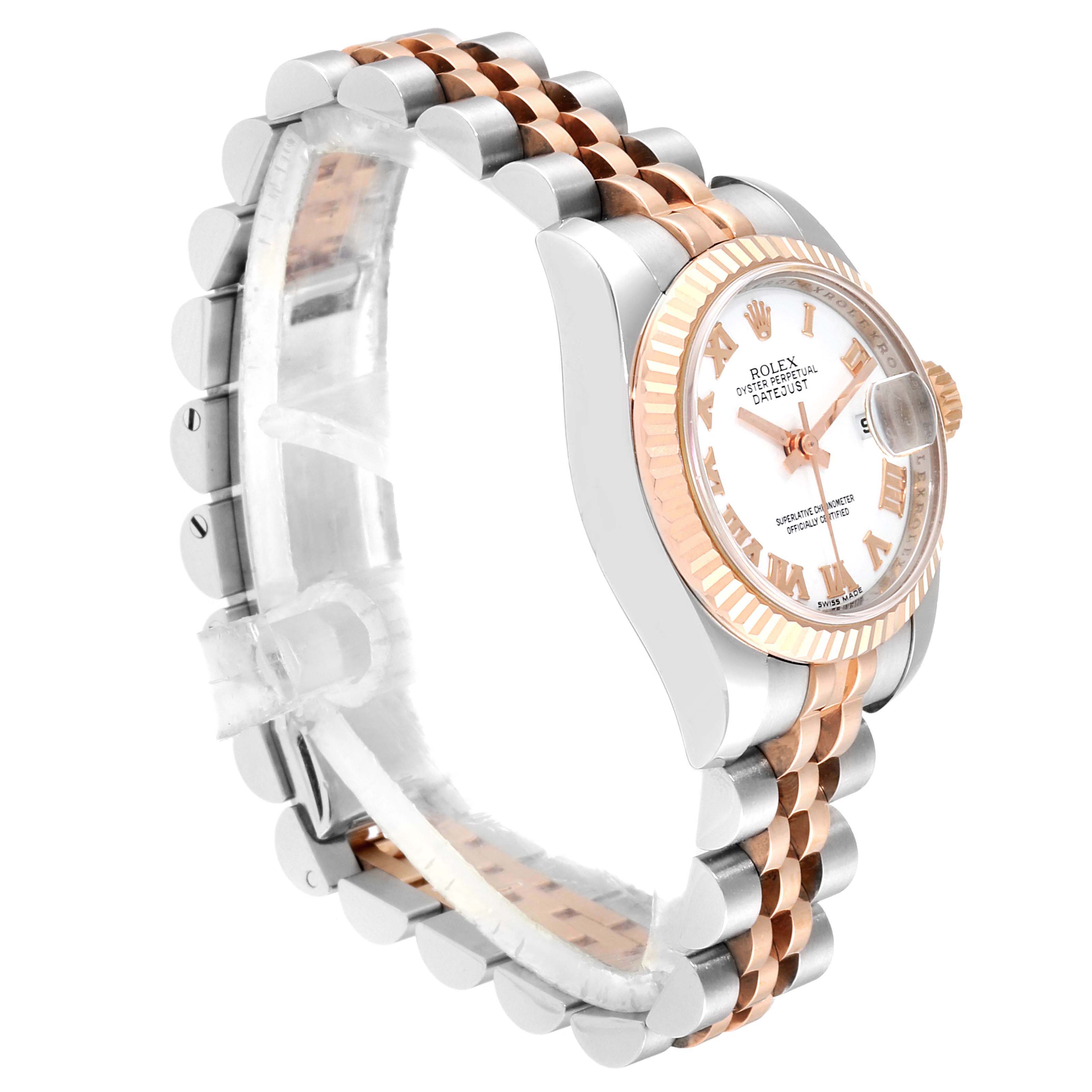 The image shows a Rolex Datejust 179171 Women
s Steel and Gold (two tone) White Dial 179171 Women
s Steel and Gold (two tone) White Dial watch at an angle displaying its face, fluted bezel, and jubilee bracelet.