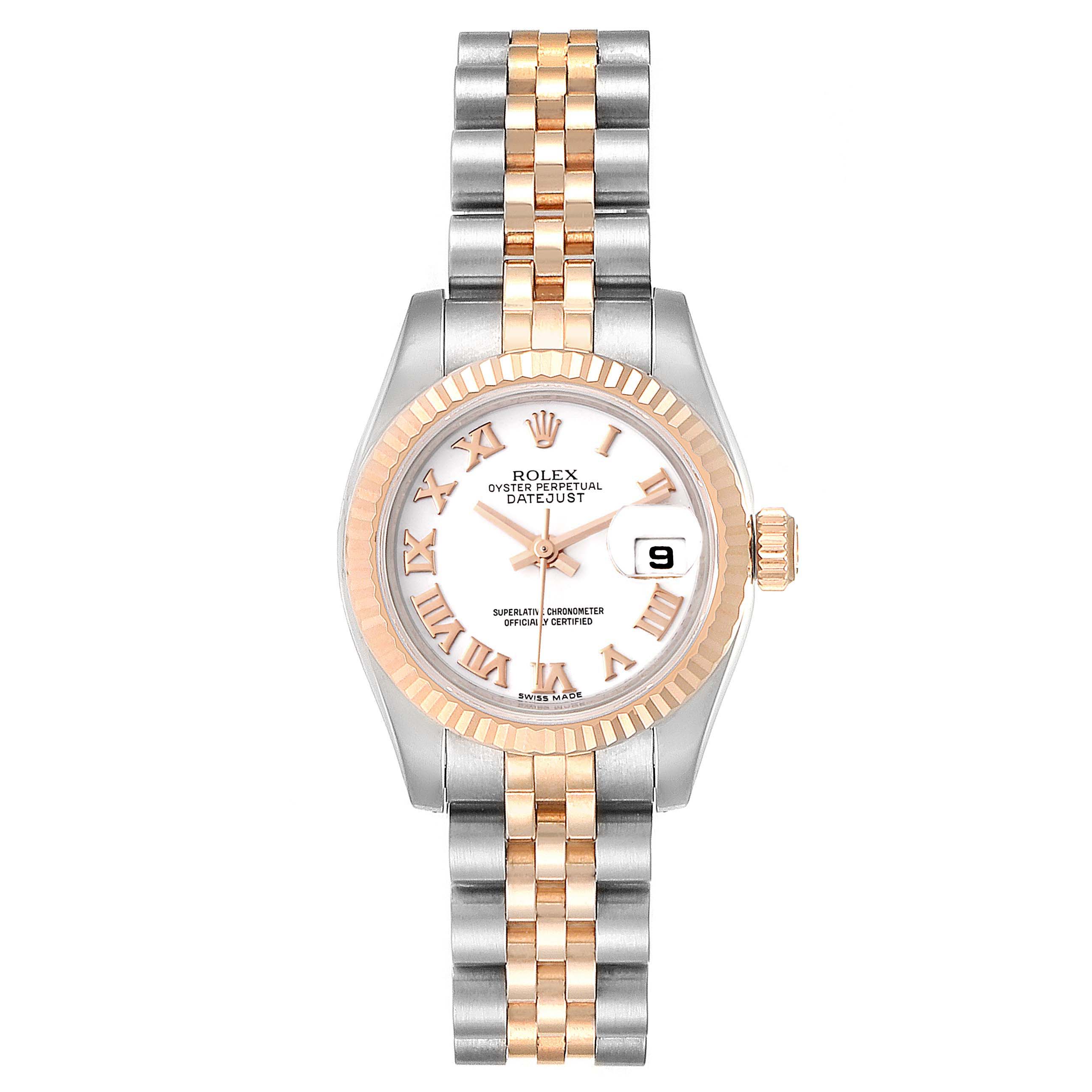 A Rolex Datejust 179171 Women
s Steel and Gold (two tone) White Dial 179171 Women
s Steel and Gold (two tone) White Dial watch is shown from a top-down angle, featuring a two-tone bracelet, fluted bezel, and date display.