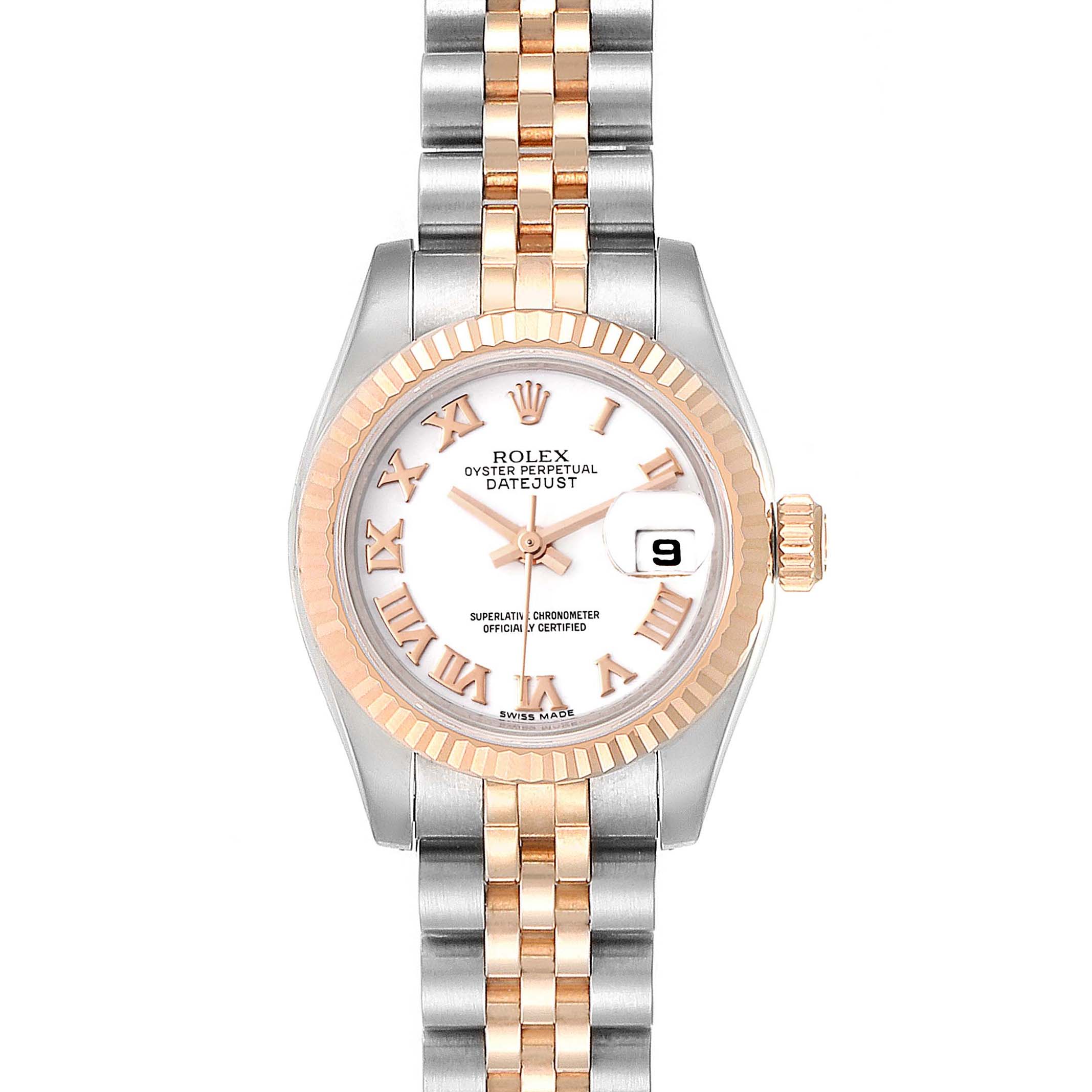 This is a frontal view of a Rolex Datejust 179171 Women
s Steel and Gold (two tone) White Dial 179171 Women
s Steel and Gold (two tone) White Dial watch, showcasing its dial, bezel, bracelet, and crown.