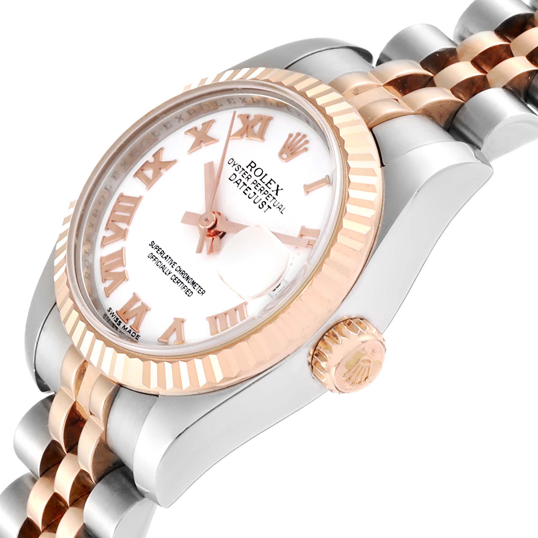 The image shows a Rolex Datejust 179171 Women
s Steel and Gold (two tone) White Dial 179171 Women
s Steel and Gold (two tone) White Dial watch from an angled side view, highlighting the crown, bezel, dial, and part of the bracelet.