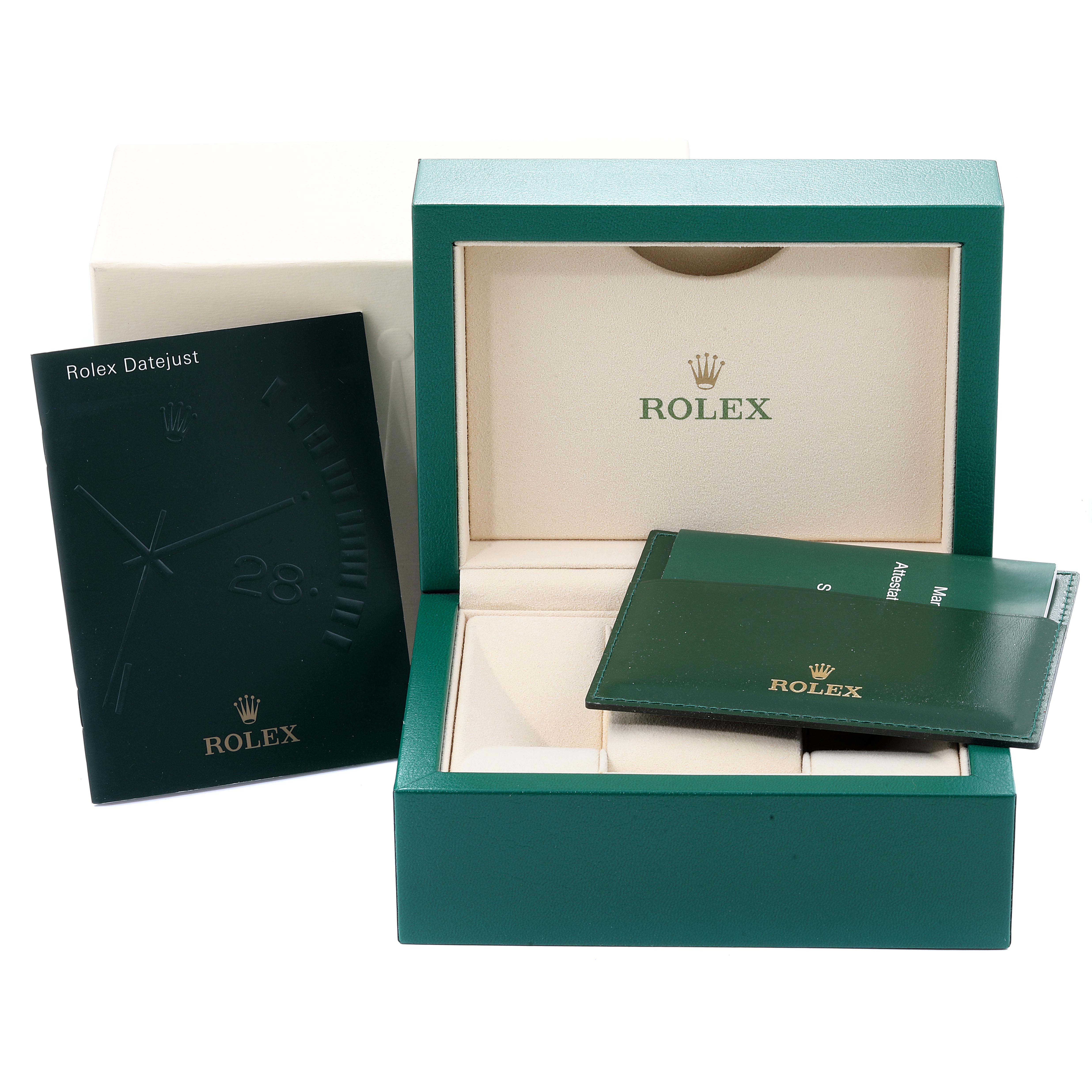 This image shows a Rolex Datejust 179171 Women
s Steel and Gold (two tone) White Dial 179171 Women
s Steel and Gold (two tone) White Dial watch box, documentation, and cardholder from a front angle.