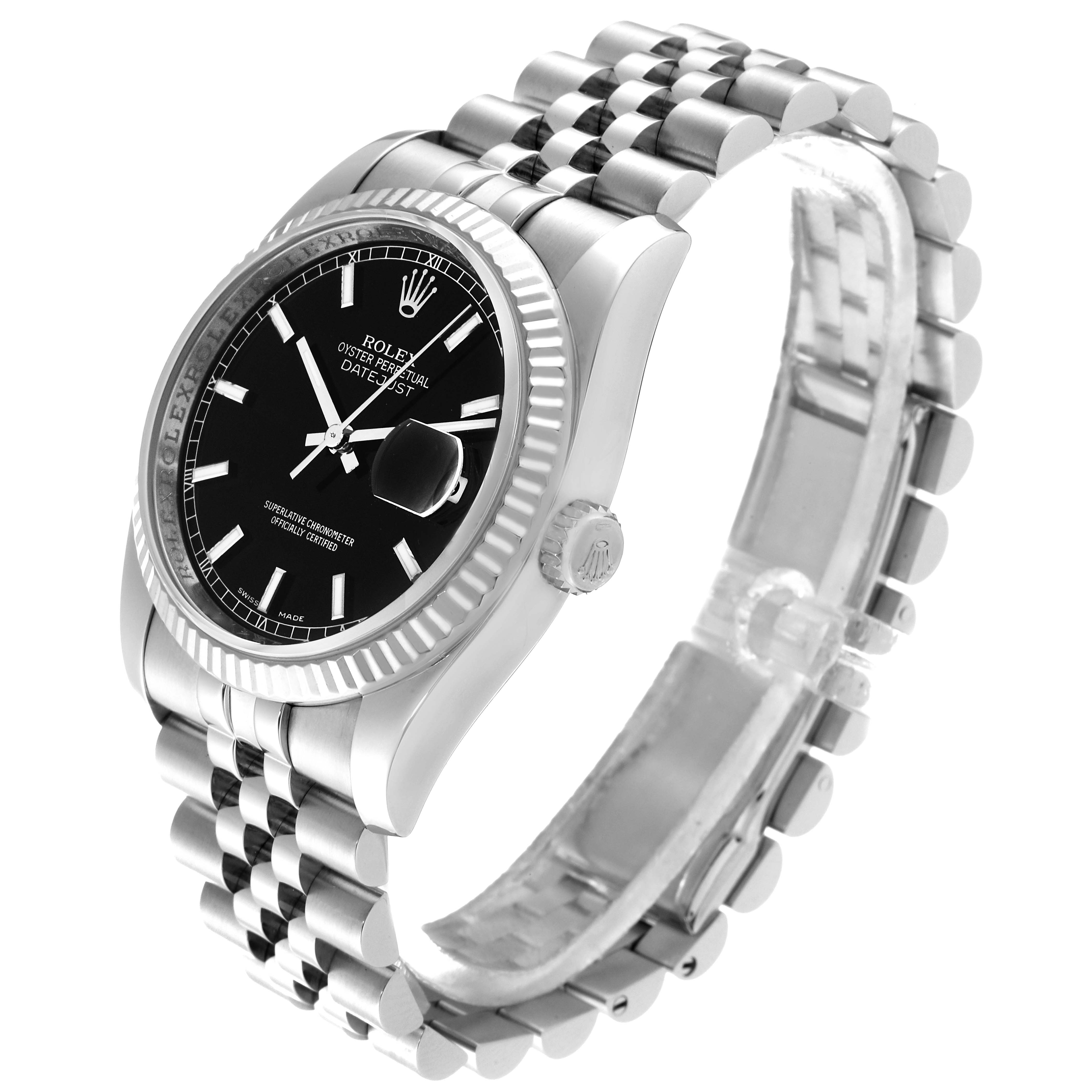 The image shows a Rolex Datejust 116234 Men's Stainless Steel Black Dial 116234 Men's Stainless Steel Black Dial watch at a three-quarter angle, highlighting its black dial, fluted bezel, and Jubilee bracelet.