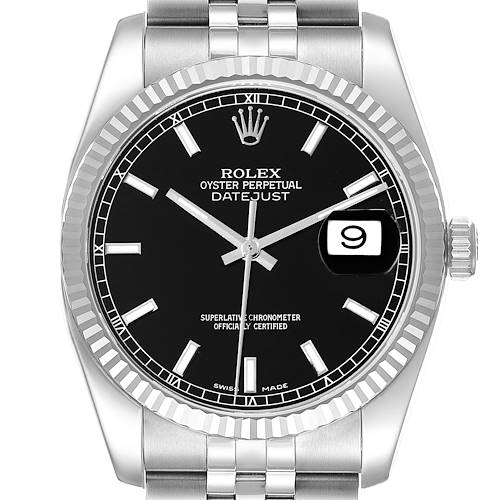 The Rolex Datejust watch is shown from a front view, displaying its black dial, fluted bezel, and Jubilee bracelet.