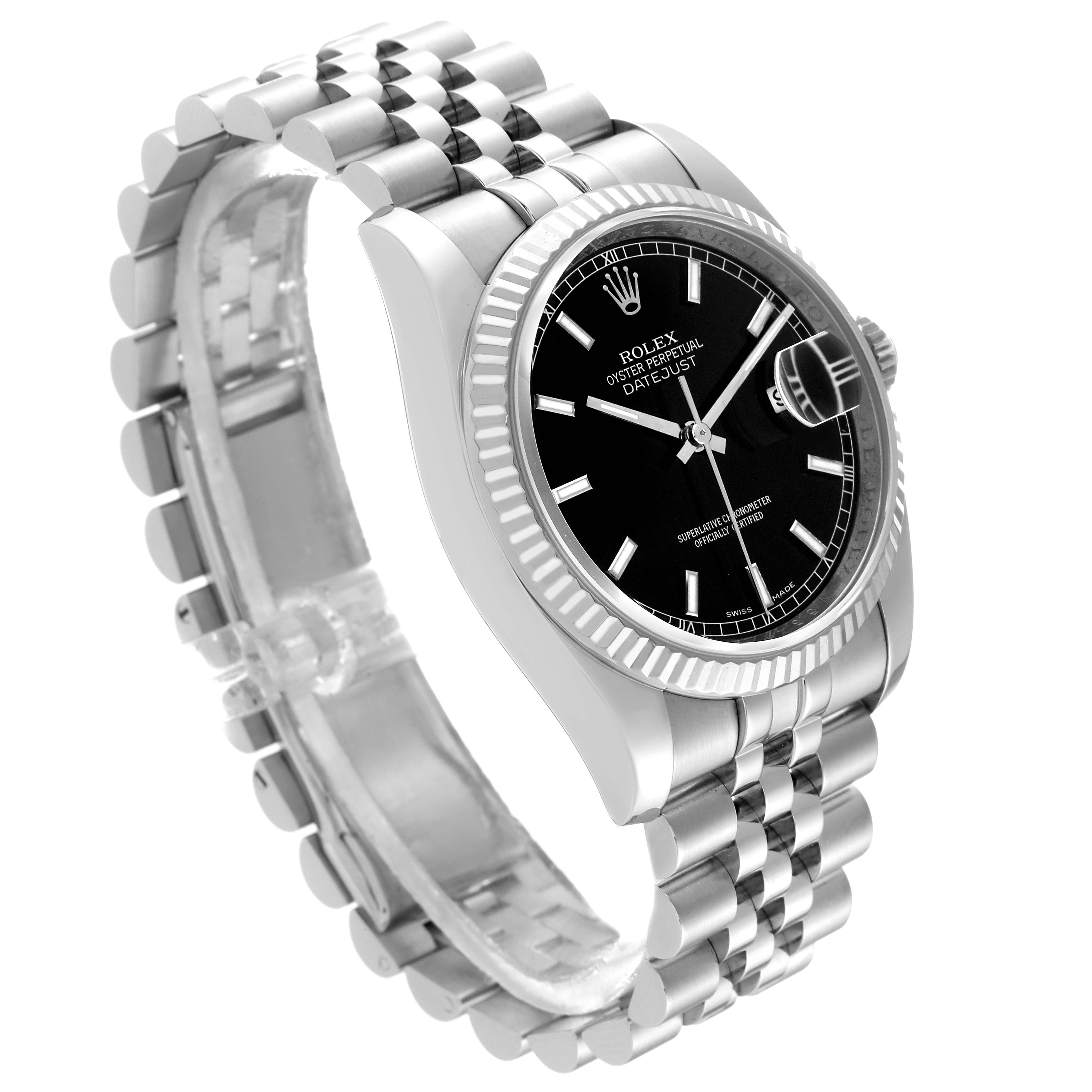 The Rolex Datejust 116234 Men's Stainless Steel Black Dial 116234 Men's Stainless Steel Black Dial watch is viewed from a side angle, showcasing the bracelet, bezel, and partially the dial.