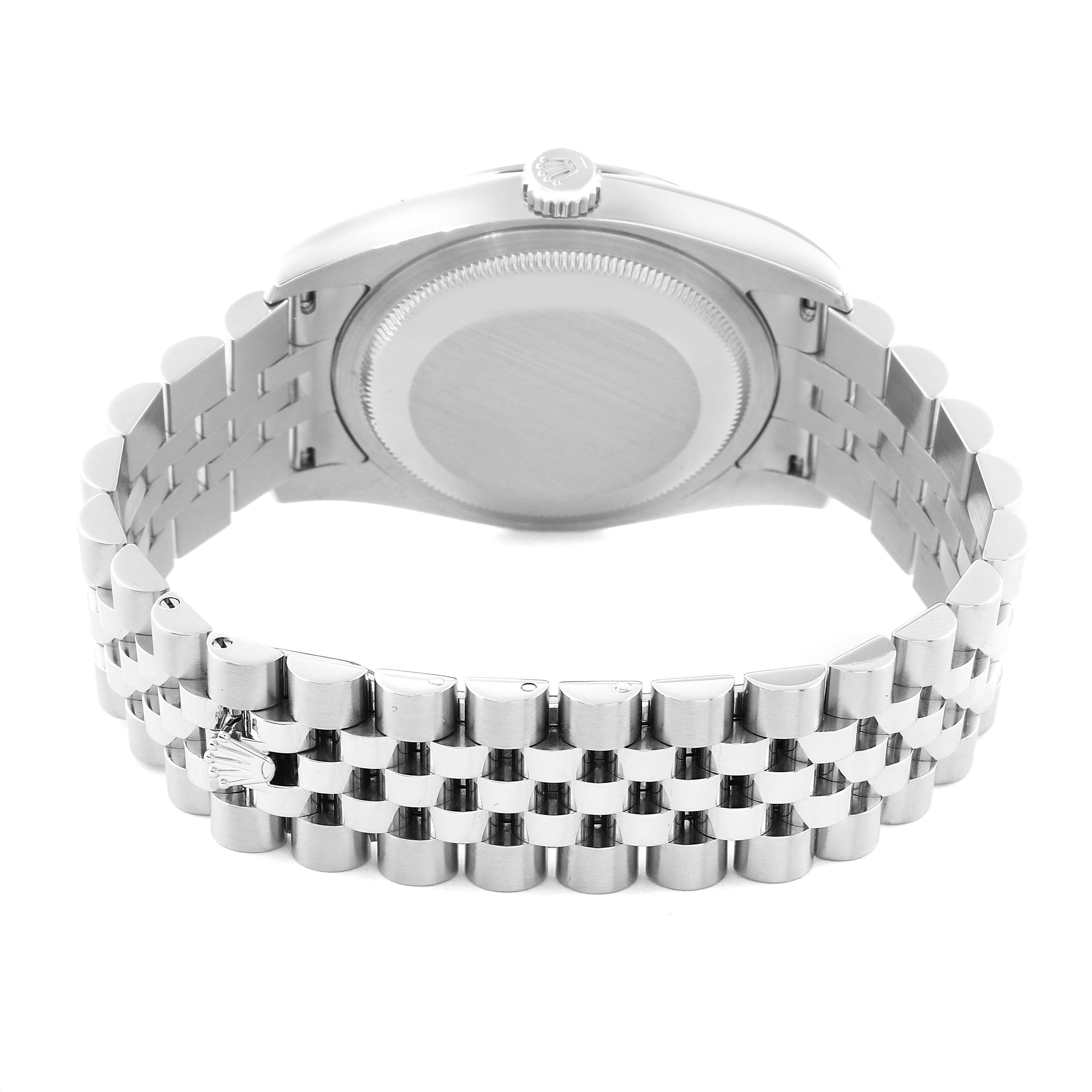 The image shows the back view of a Rolex Datejust 116234 Men's Stainless Steel Black Dial 116234 Men's Stainless Steel Black Dial watch, highlighting its case back and bracelet.