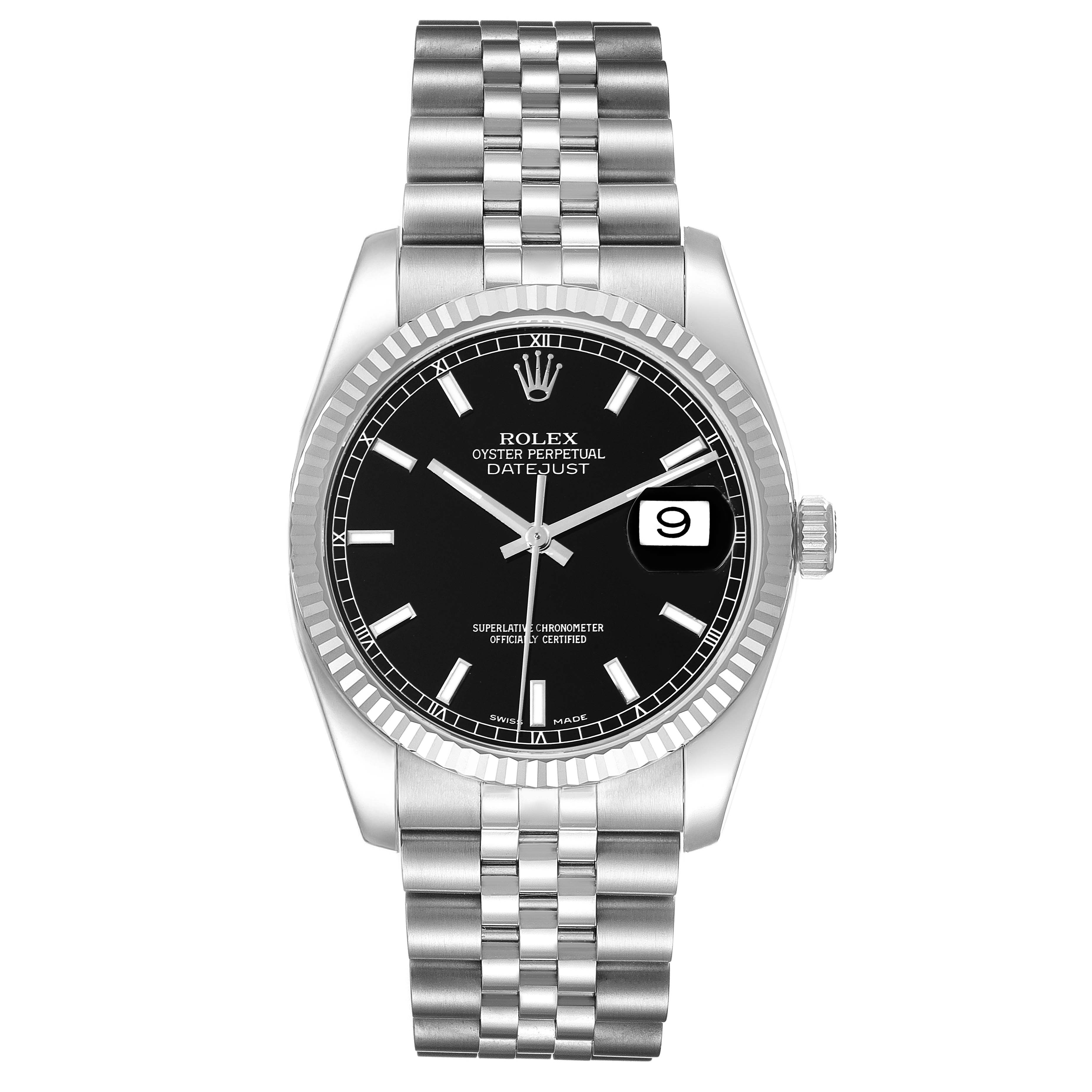 The image shows a front view of a Rolex Datejust 116234 Men's Stainless Steel Black Dial 116234 Men's Stainless Steel Black Dial watch, featuring a black dial, fluted bezel, and Jubilee bracelet.