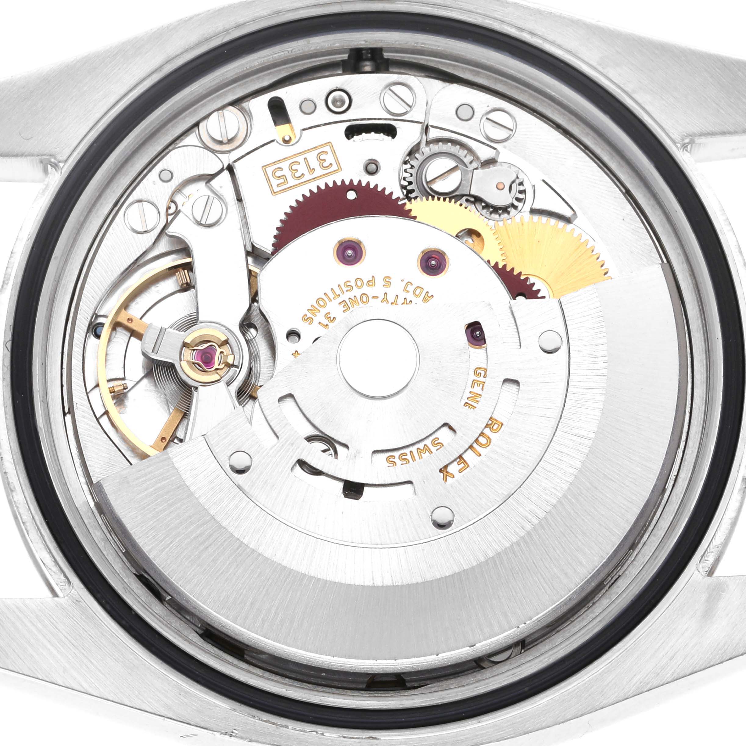 The image shows the internal movement mechanism of a Rolex Datejust 116234 Men's Stainless Steel Black Dial 116234 Men's Stainless Steel Black Dial model from a back angle.