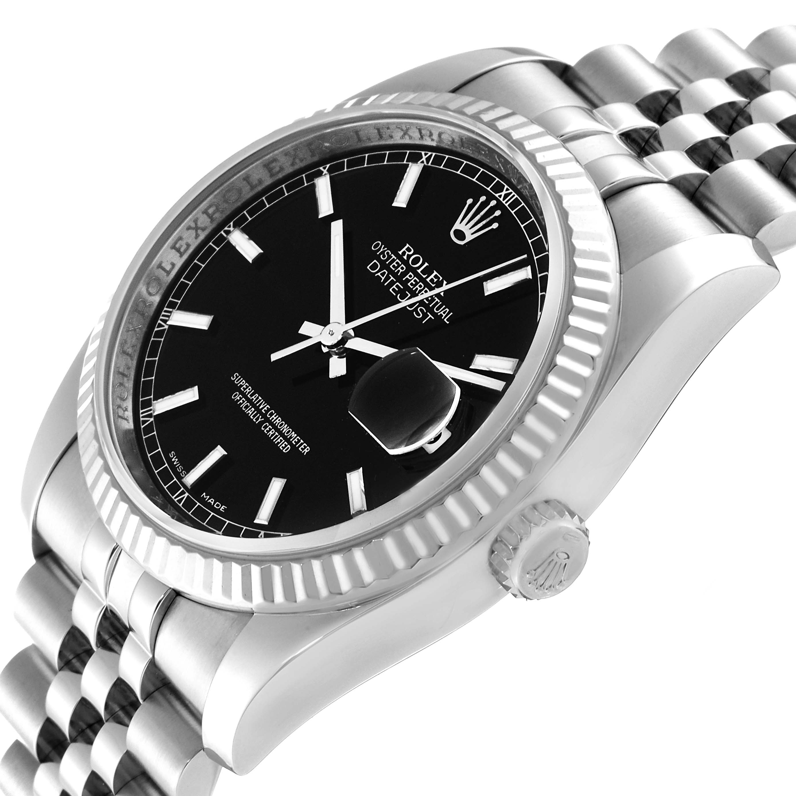 The image shows a close-up side angle of a Rolex Datejust 116234 Men's Stainless Steel Black Dial 116234 Men's Stainless Steel Black Dial watch, highlighting the dial, fluted bezel, crown, and Jubilee bracelet.