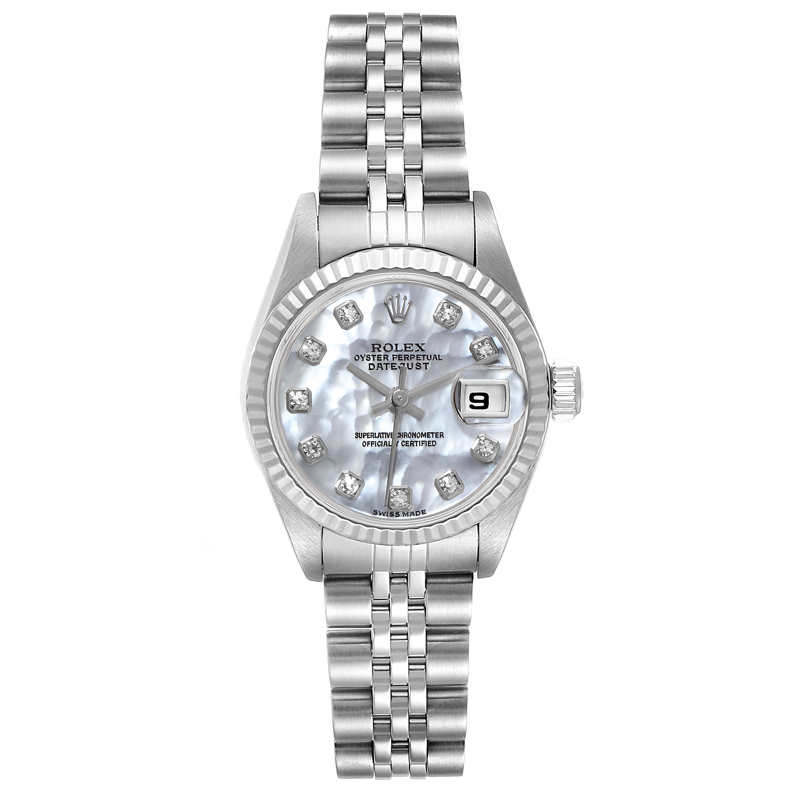 The image shows a front view of a Rolex Datejust 79174 Women
s Stainless Steel Mother of Pearl Dial 79174 Women
s Stainless Steel Mother of Pearl Dial watch, featuring its face, bezel, bracelet, and crown.