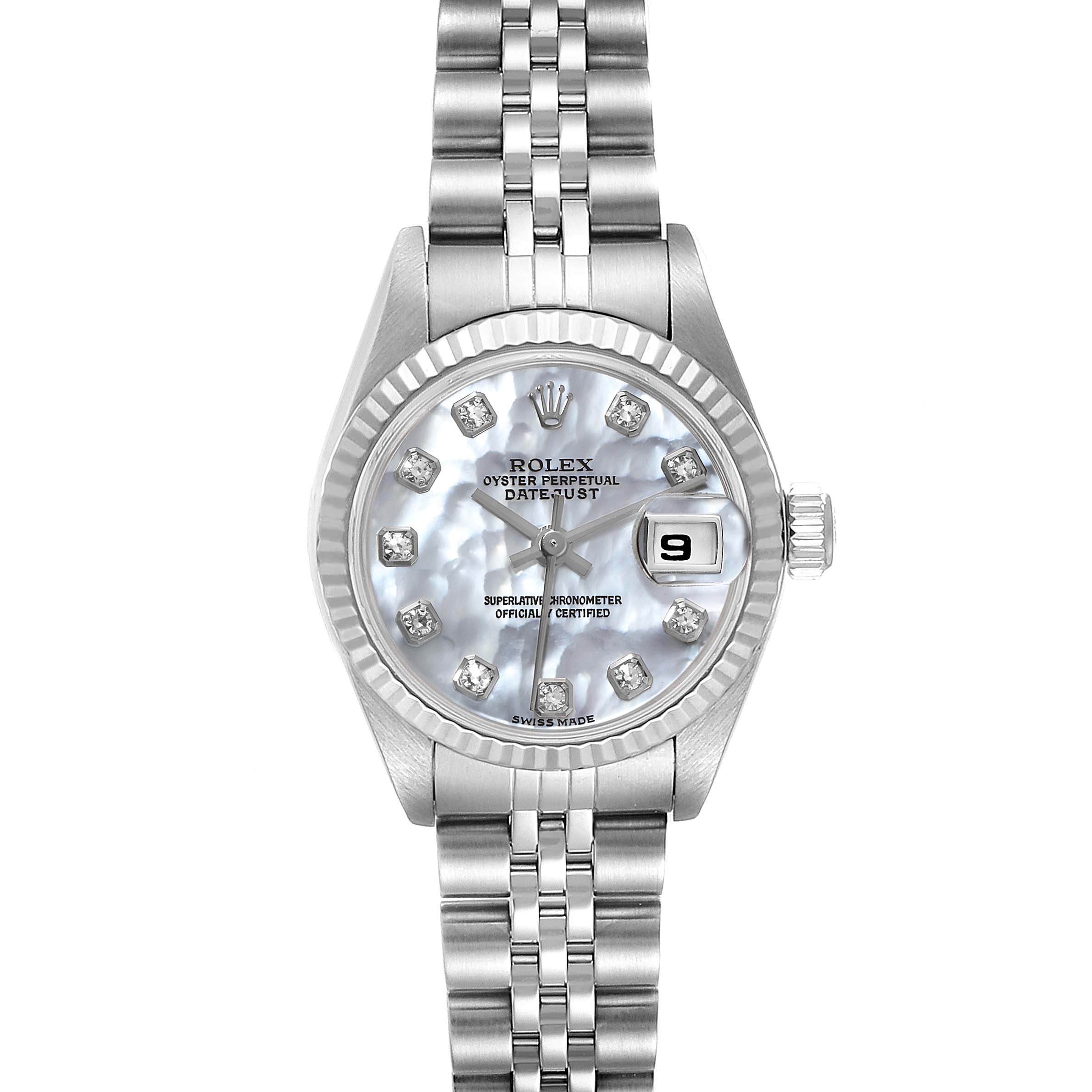 The image shows a frontal view of the Rolex Datejust 79174 Women
s Stainless Steel Mother of Pearl Dial 79174 Women
s Stainless Steel Mother of Pearl Dial watch, highlighting its dial, bezel, and bracelet.