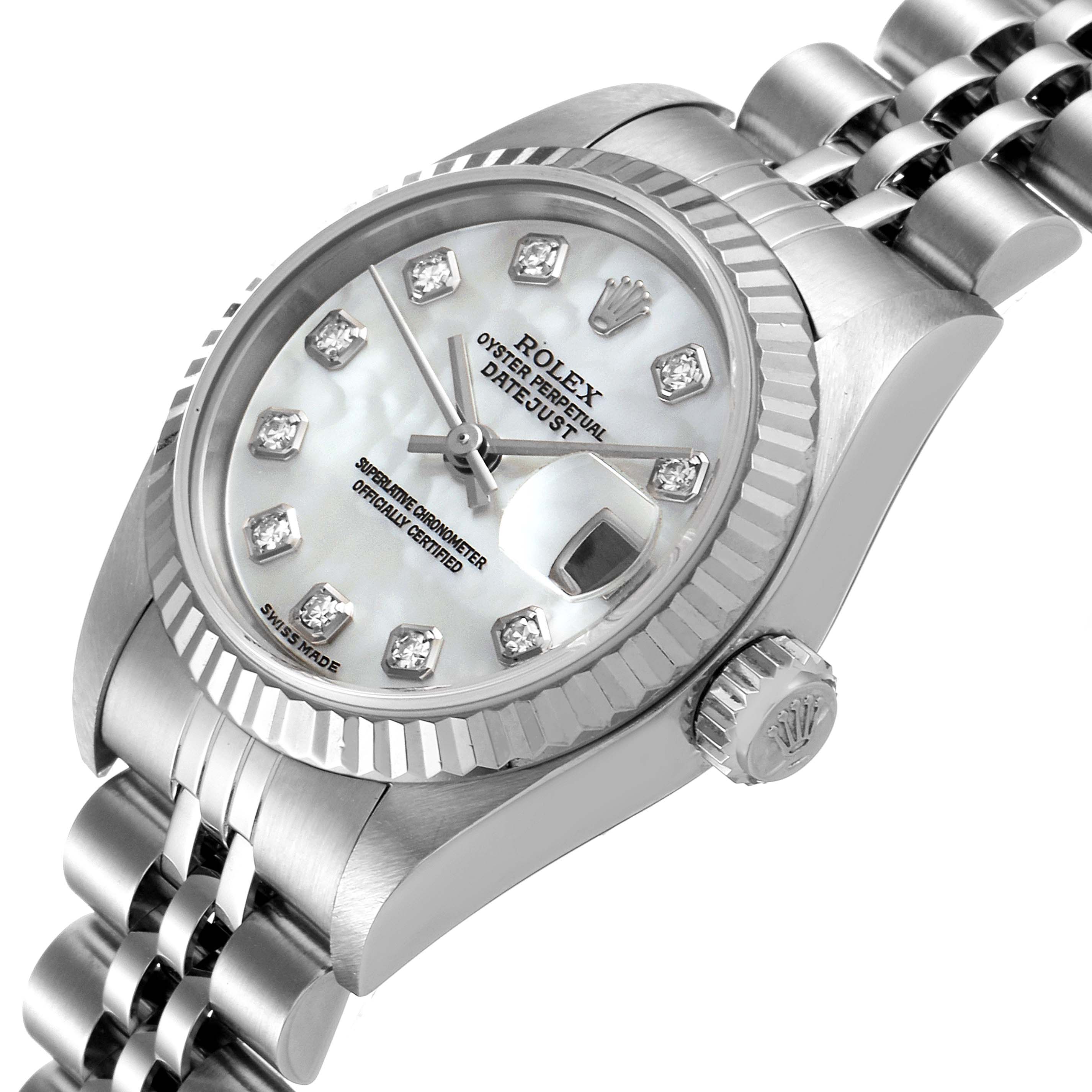 The image shows a close-up view of the Rolex Datejust 79174 Women
s Stainless Steel Mother of Pearl Dial 79174 Women
s Stainless Steel Mother of Pearl Dial watch, displaying the dial, bezel, crown, and part of the bracelet.