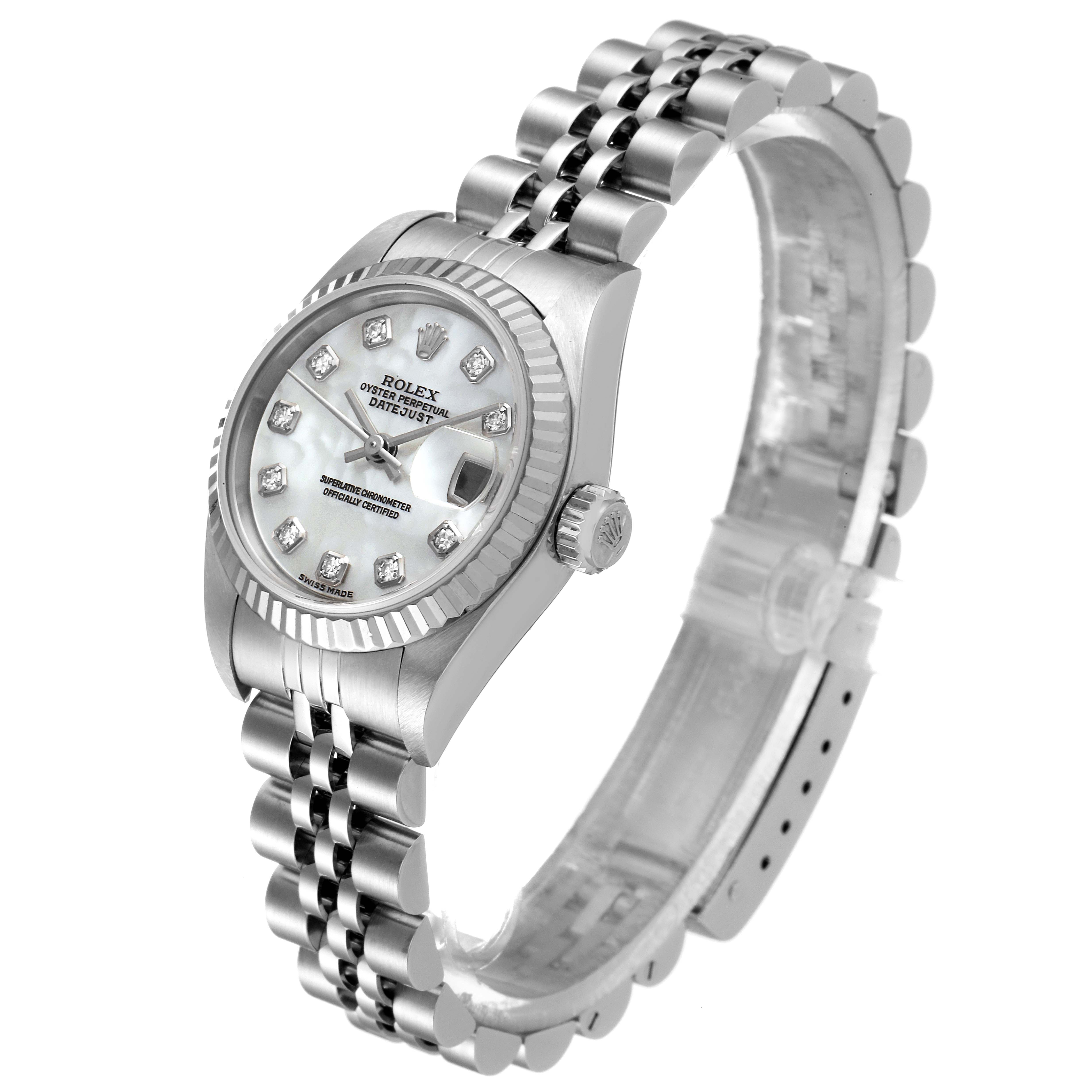 The image shows a side angle of the Rolex Datejust 79174 Women
s Stainless Steel Mother of Pearl Dial 79174 Women
s Stainless Steel Mother of Pearl Dial watch, highlighting the dial, bezel, case, crown, and bracelet.
