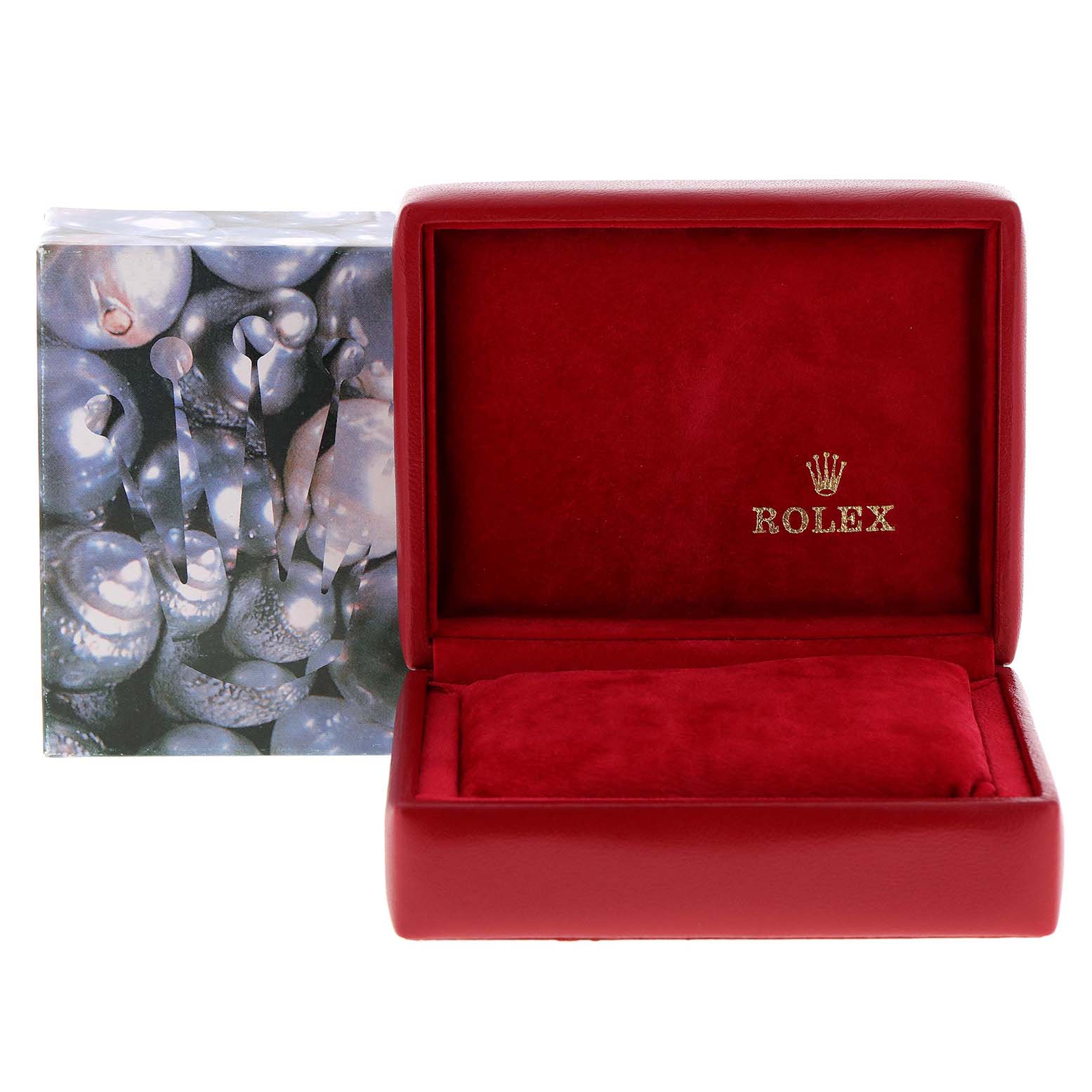 The image shows a red velvet-lined Rolex watch box, likely for the Datejust model, with the default retail cardboard box behind it.