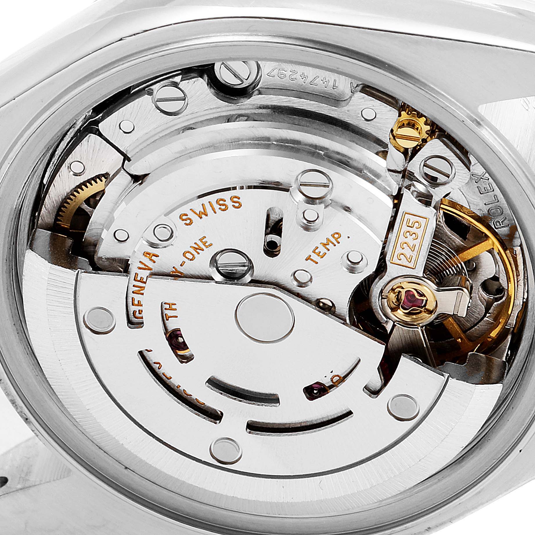 This image shows the intricate mechanism of the Rolex Datejust 79174 Women
s Stainless Steel Mother of Pearl Dial 79174 Women
s Stainless Steel Mother of Pearl Dial watch, highlighting components like the oscillating weight and balance wheel.