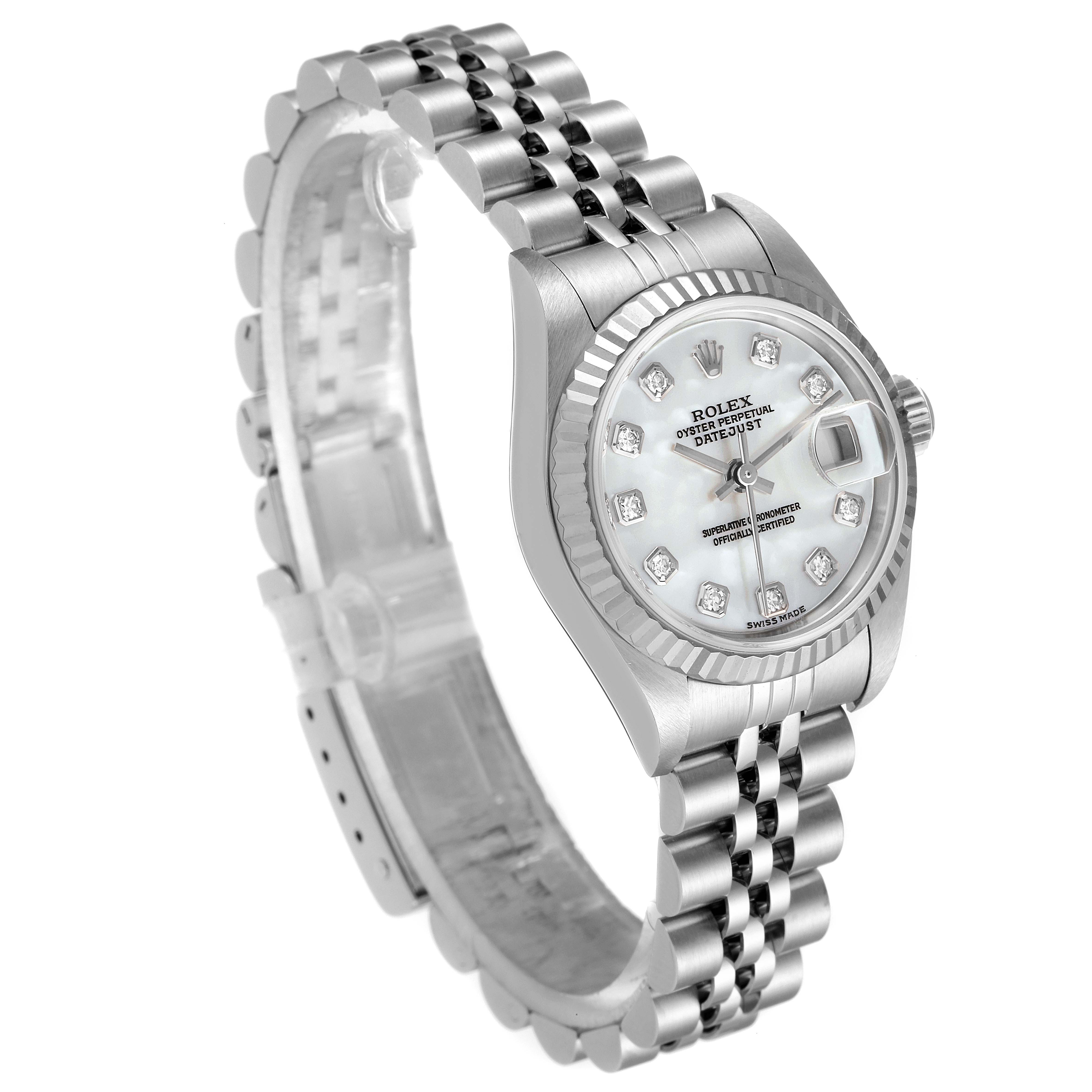 The Rolex Datejust 79174 Women
s Stainless Steel Mother of Pearl Dial 79174 Women
s Stainless Steel Mother of Pearl Dial watch is shown at an angled view, highlighting its face, bezel, crown, and part of the bracelet.