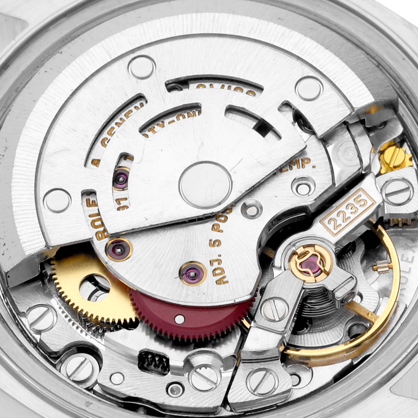 This is a close-up image showing the intricate internal mechanism of the Rolex Datejust 79174 Women
s Stainless Steel Mother of Pearl Dial 79174 Women
s Stainless Steel Mother of Pearl Dial watch.