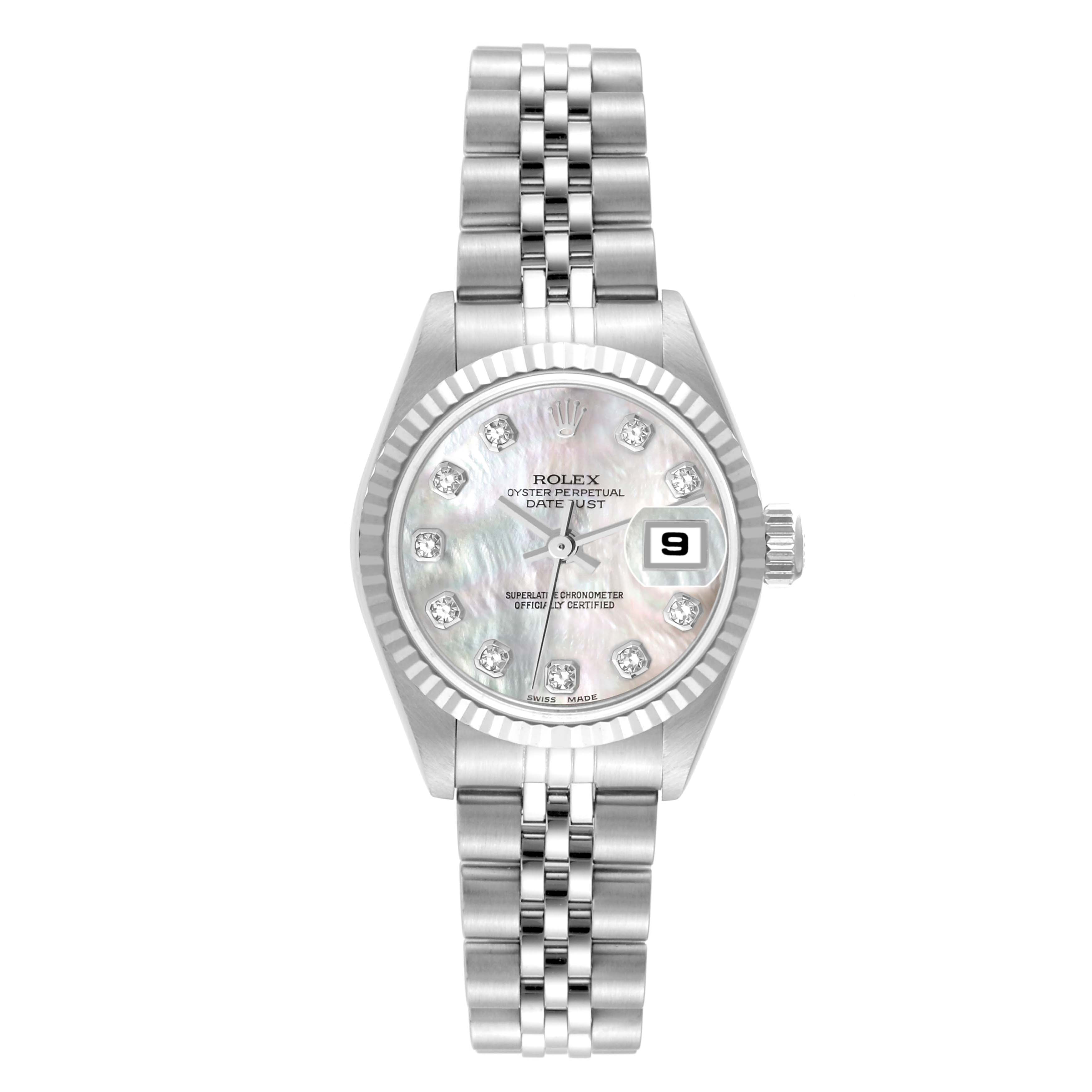 This image shows a Rolex Datejust 79174 Women
s Stainless Steel Mother of Pearl Dial 79174 Women
s Stainless Steel Mother of Pearl Dial model from a front view, highlighting the face, bezel, and bracelet.