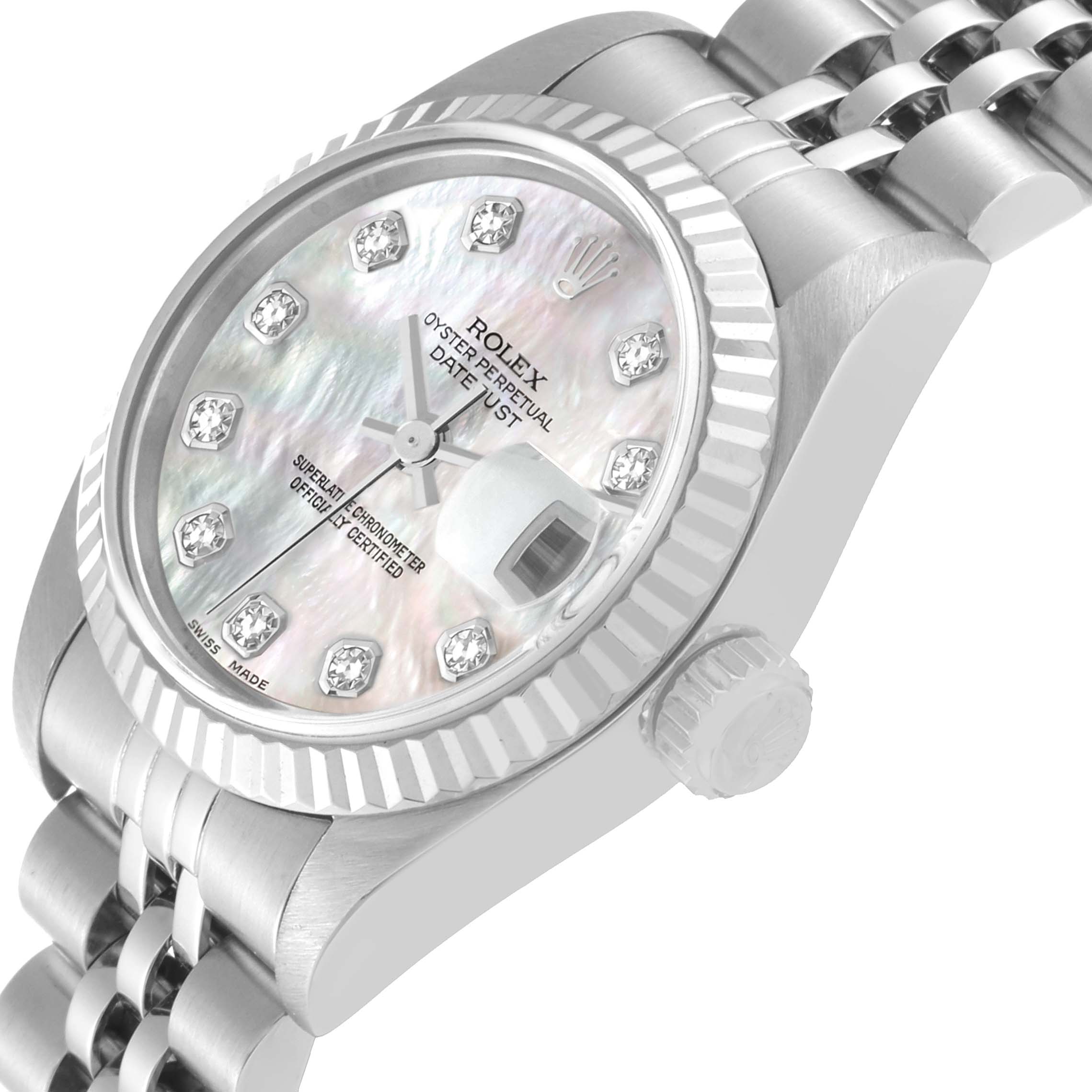 The image shows a close-up, angled view of a Rolex Datejust 79174 Women
s Stainless Steel Mother of Pearl Dial 79174 Women
s Stainless Steel Mother of Pearl Dial watch, highlighting the dial, bezel, and part of the bracelet.