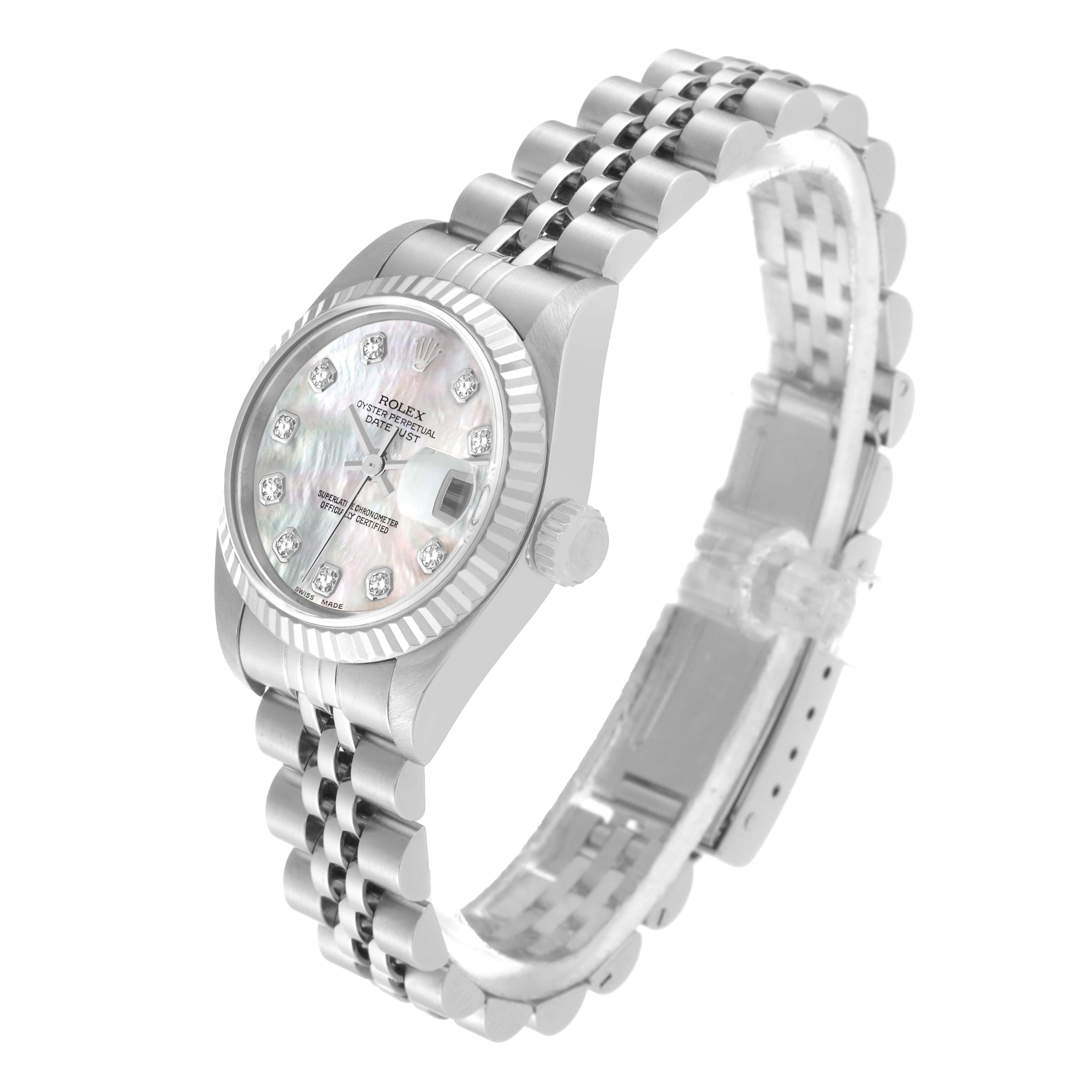 The Rolex Datejust 79174 Women
s Stainless Steel Mother of Pearl Dial 79174 Women
s Stainless Steel Mother of Pearl Dial watch is shown at an angle displaying the dial, bezel, and part of the bracelet.