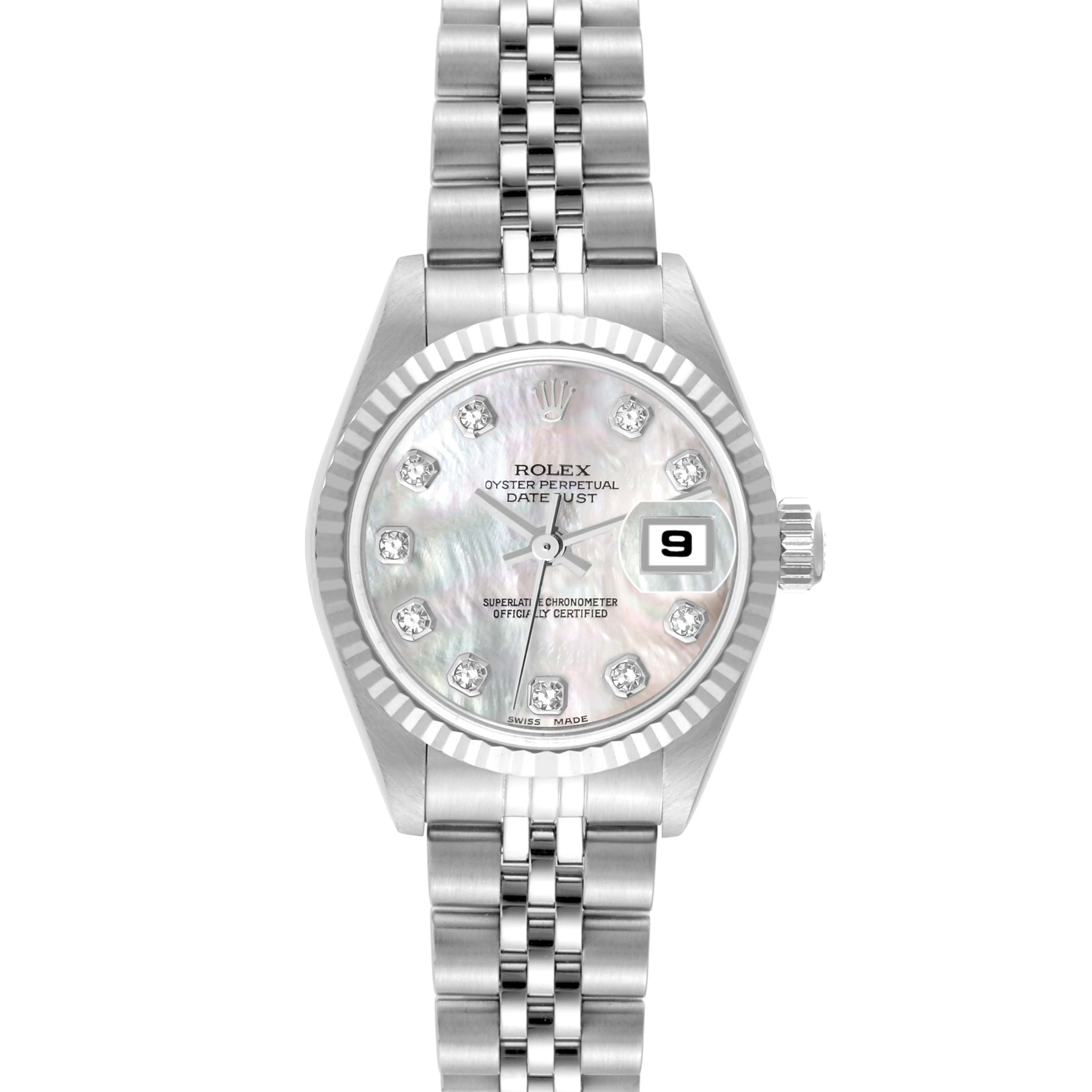 This image shows a front view of the Rolex Datejust 79174 Women
s Stainless Steel Mother of Pearl Dial 79174 Women
s Stainless Steel Mother of Pearl Dial watch, highlighting its face, bezel, and bracelet.