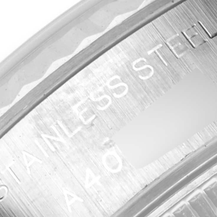 This image shows a close-up of the inner bezel and the rehaut engraving for the Rolex Datejust 79174 Women
s Stainless Steel Mother of Pearl Dial 79174 Women
s Stainless Steel Mother of Pearl Dial model.