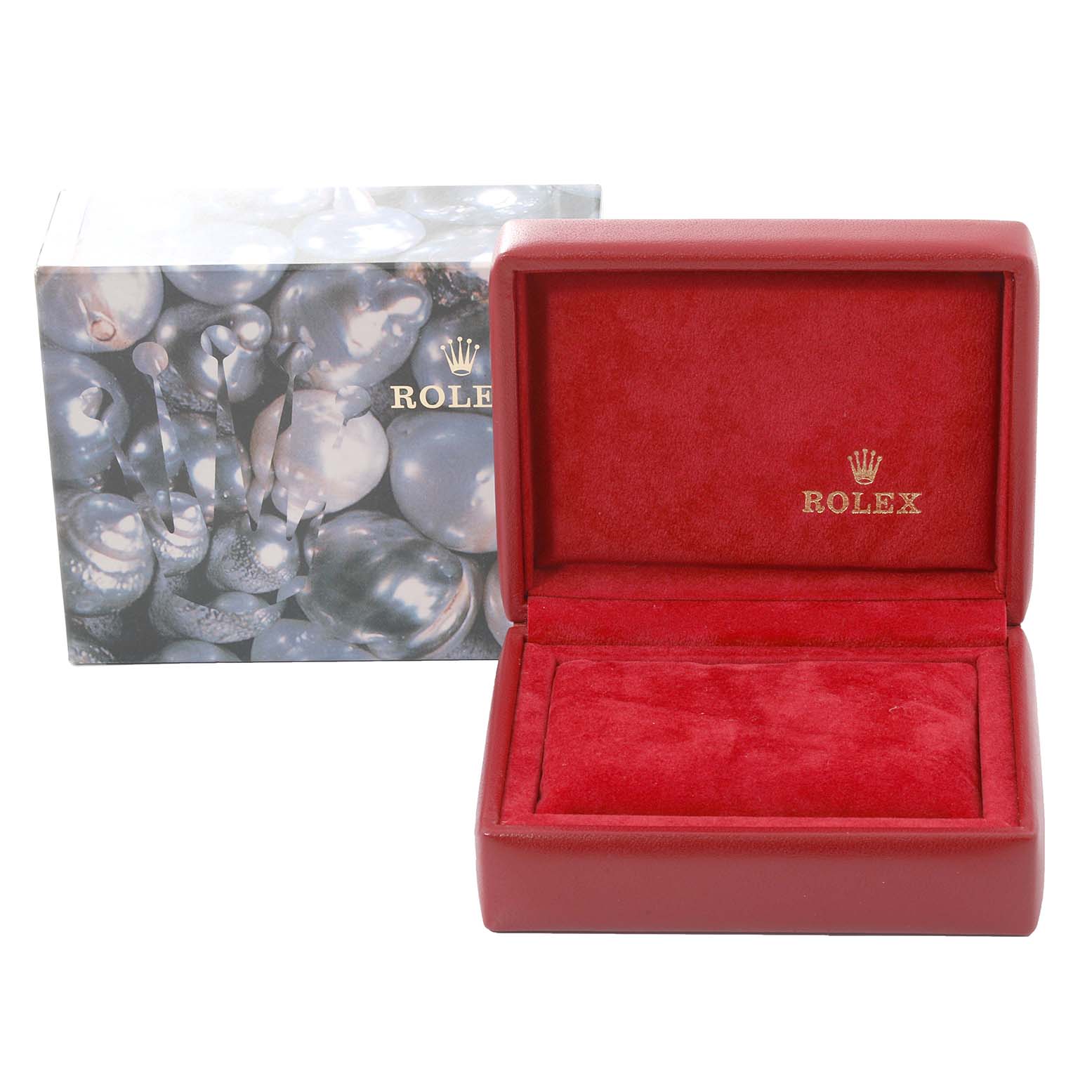 This image shows a red Rolex Datejust 79174 Women
s Stainless Steel Mother of Pearl Dial 79174 Women
s Stainless Steel Mother of Pearl Dial watch box and its matching outer packaging.