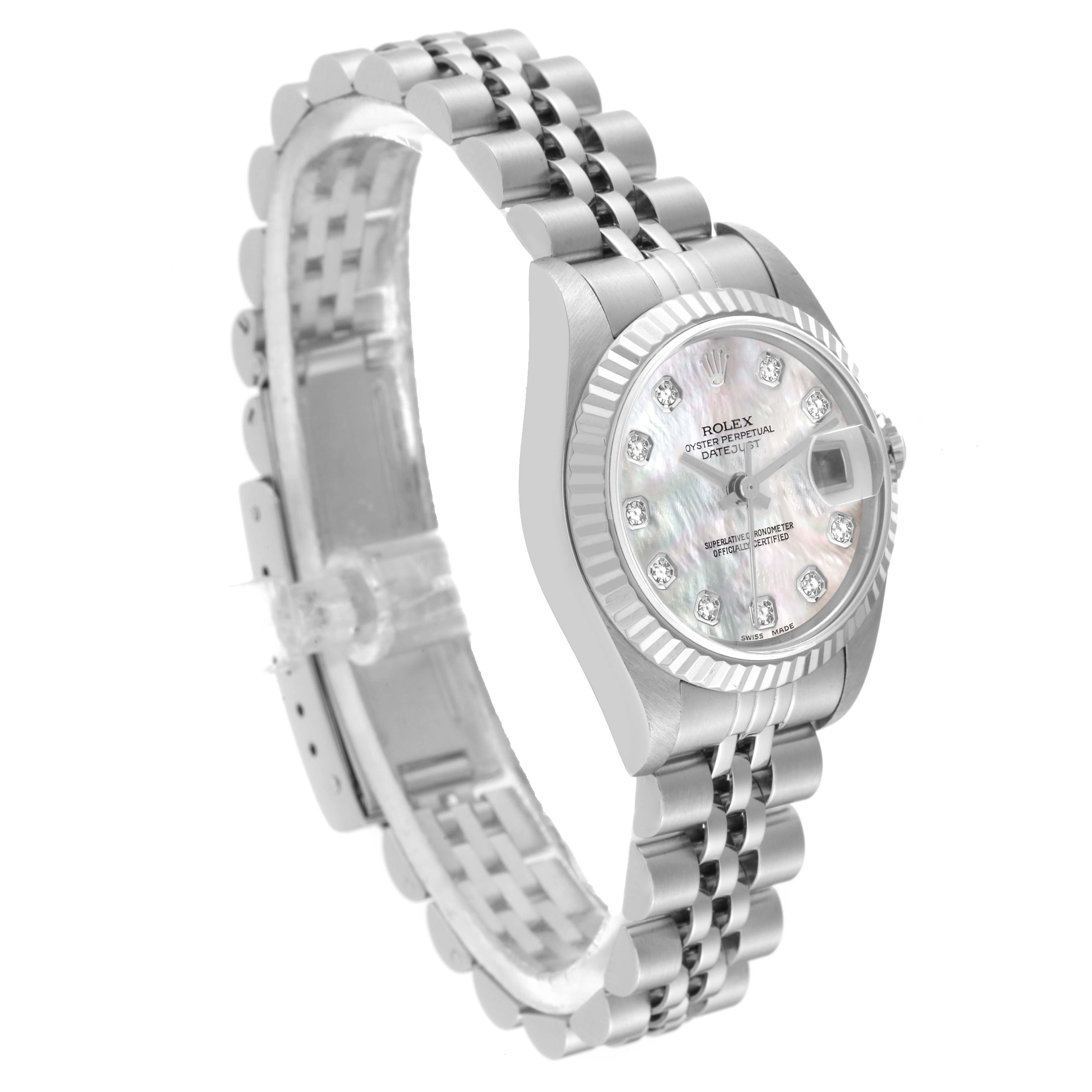 The image shows a Rolex Datejust 79174 Women
s Stainless Steel Mother of Pearl Dial 79174 Women
s Stainless Steel Mother of Pearl Dial watch at an angle highlighting its face and bracelet.