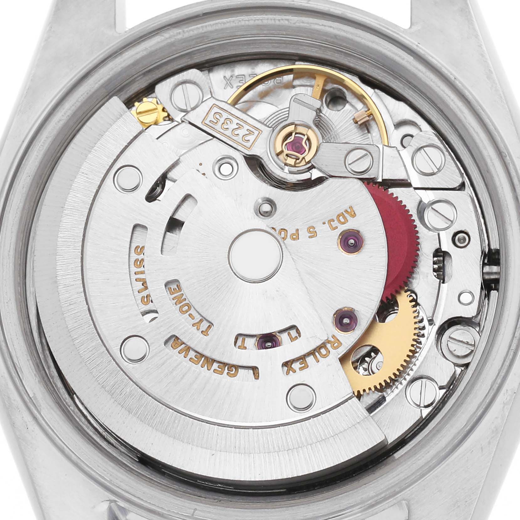 The image shows the movement of a Rolex Datejust 79174 Women
s Stainless Steel Pink Dial 79174 Women
s Stainless Steel Pink Dial from the back, featuring gears and the rotor.