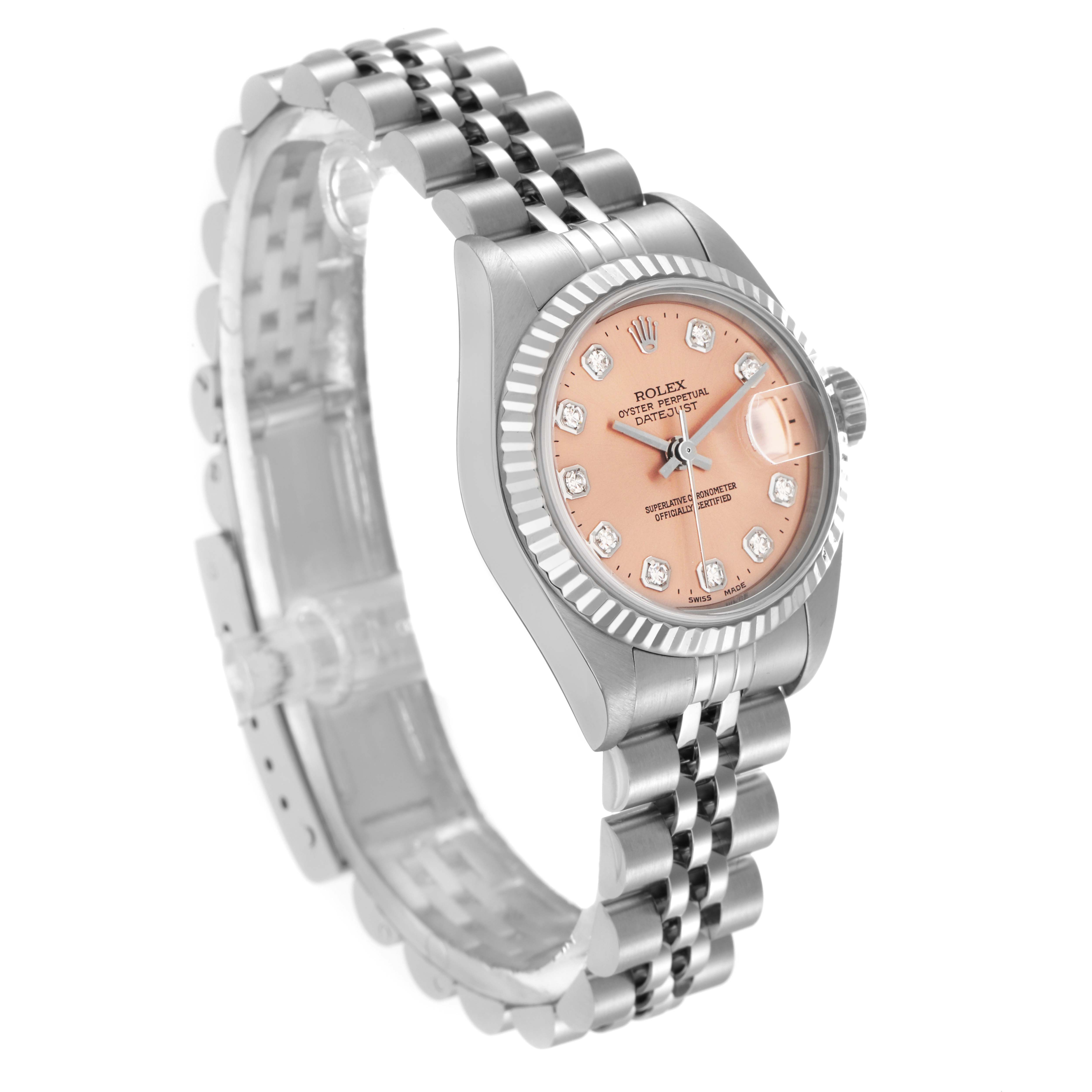 The Rolex Datejust 79174 Women
s Stainless Steel Pink Dial 79174 Women
s Stainless Steel Pink Dial watch is shown at a three-quarter angle, highlighting the case, bezel, bracelet, and dial.