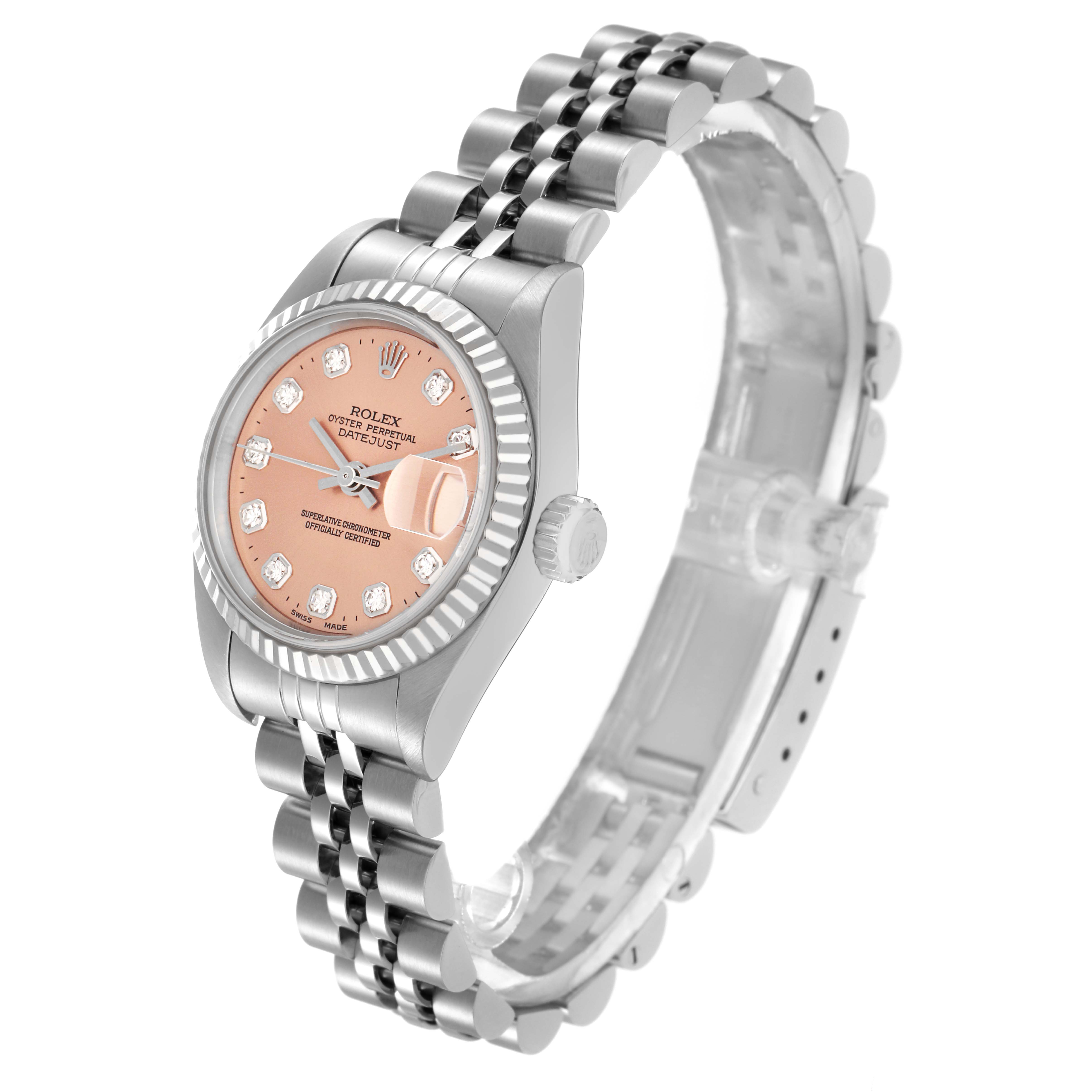 The Rolex Datejust 79174 Women
s Stainless Steel Pink Dial 79174 Women
s Stainless Steel Pink Dial watch is shown at a diagonal angle, displaying the face, bezel, crown, and Jubilee bracelet.