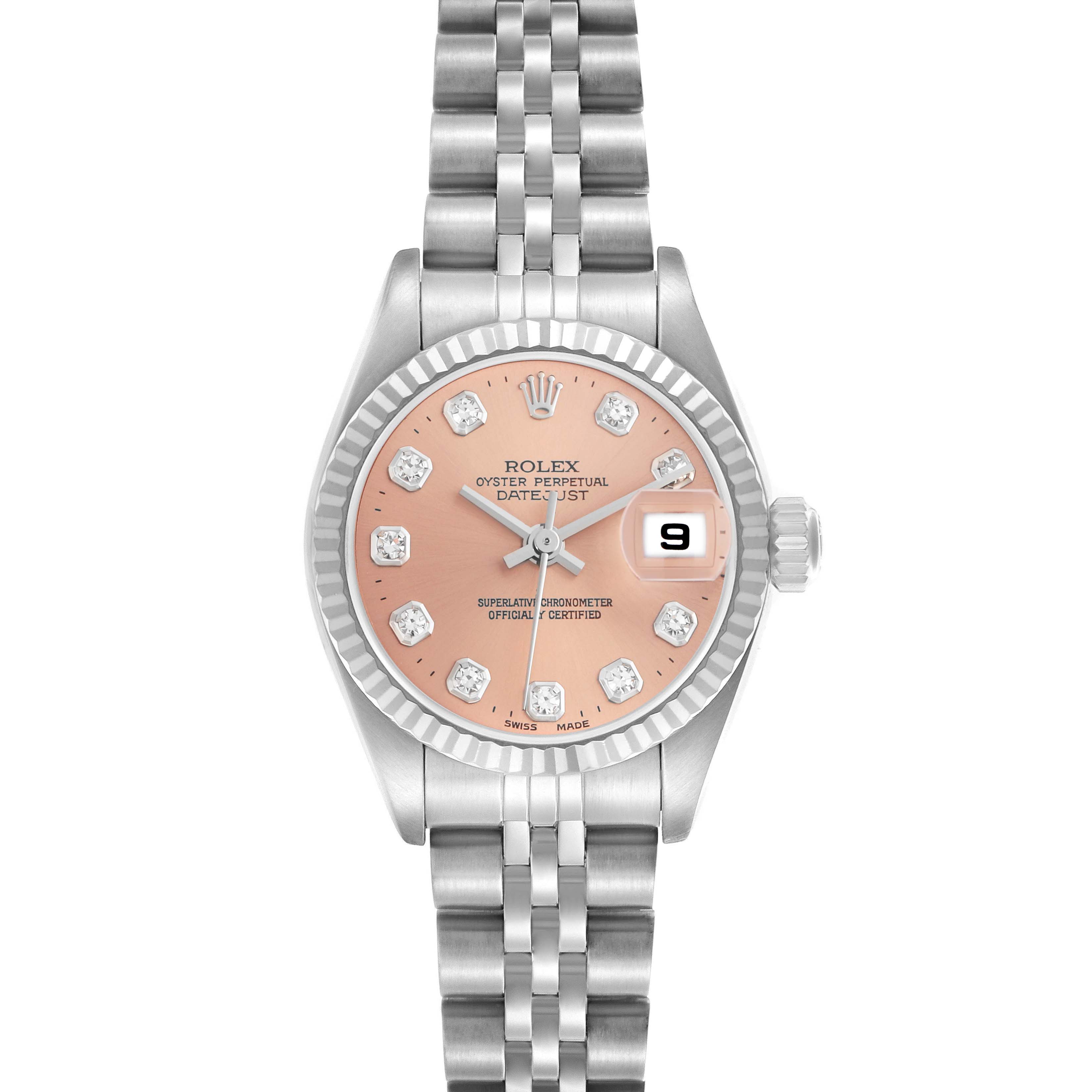 The Rolex Datejust 79174 Women
s Stainless Steel Pink Dial 79174 Women
s Stainless Steel Pink Dial watch is shown from a top view, displaying the entire face, bracelet, and date window.