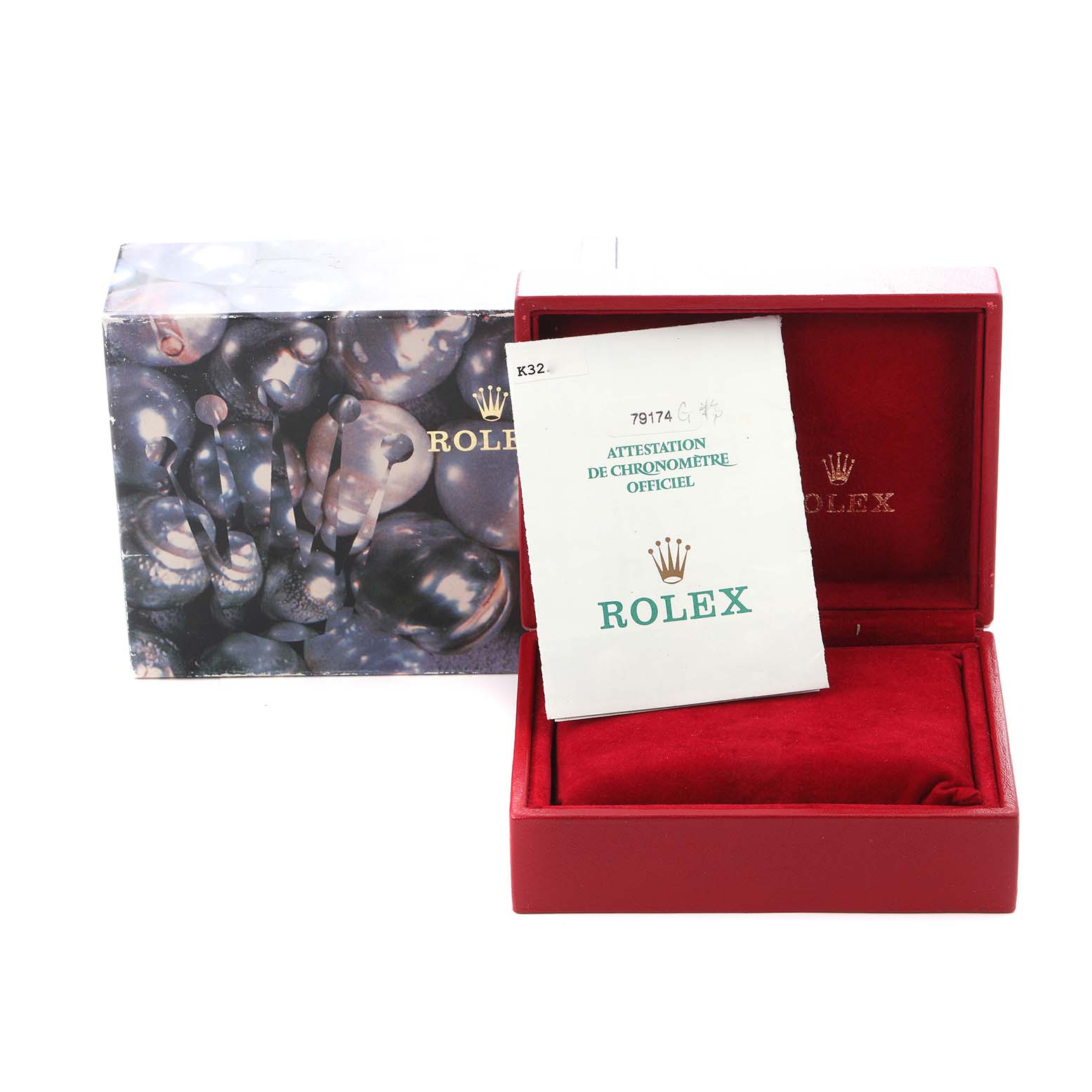 The image shows a Rolex Datejust 79174 Women
s Stainless Steel Pink Dial 79174 Women
s Stainless Steel Pink Dial watch box, certificate, and packaging from a front angle.