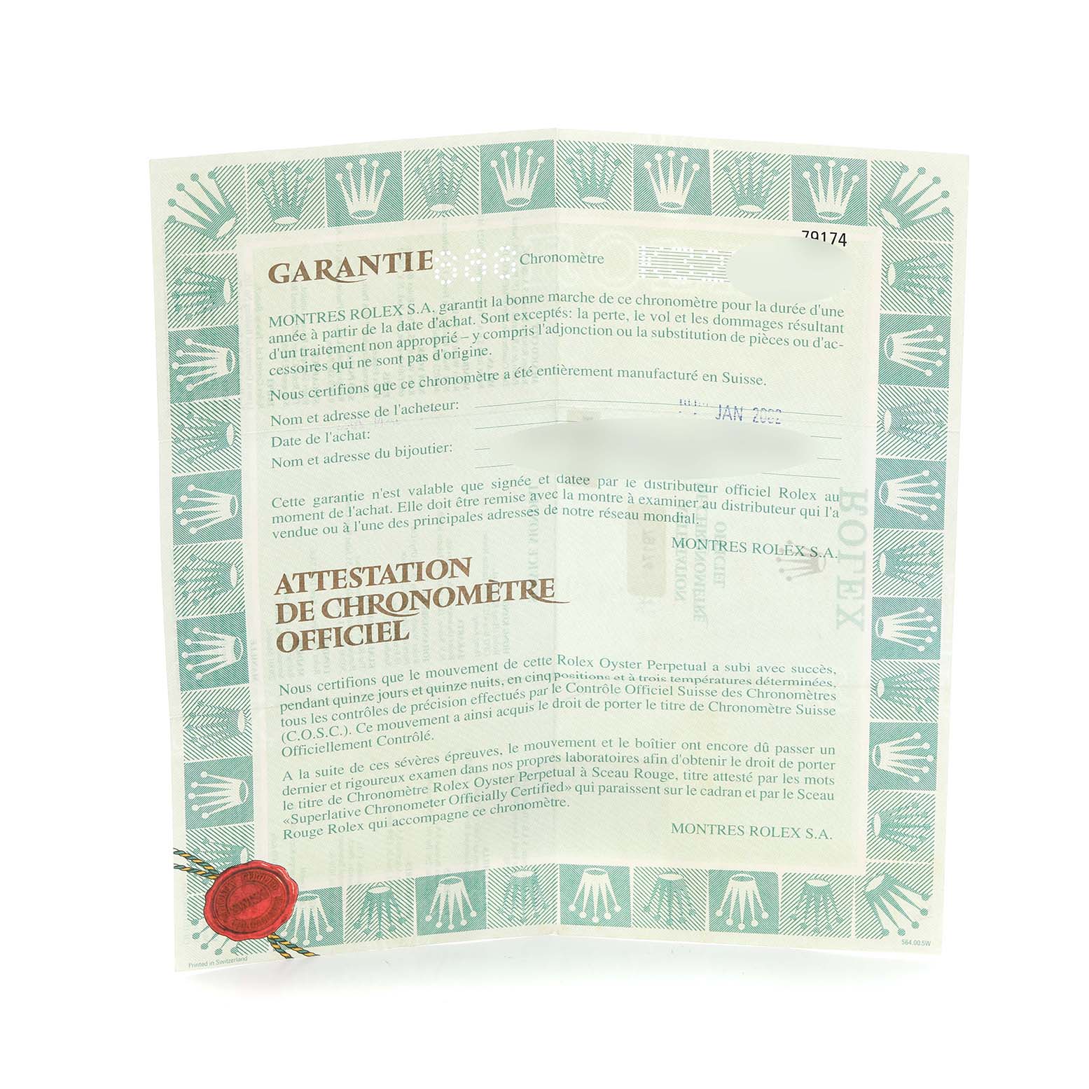 The image shows a folded warranty certificate for a Rolex Datejust 79174 Women
s Stainless Steel Pink Dial 79174 Women
s Stainless Steel Pink Dial with brand logos and text.