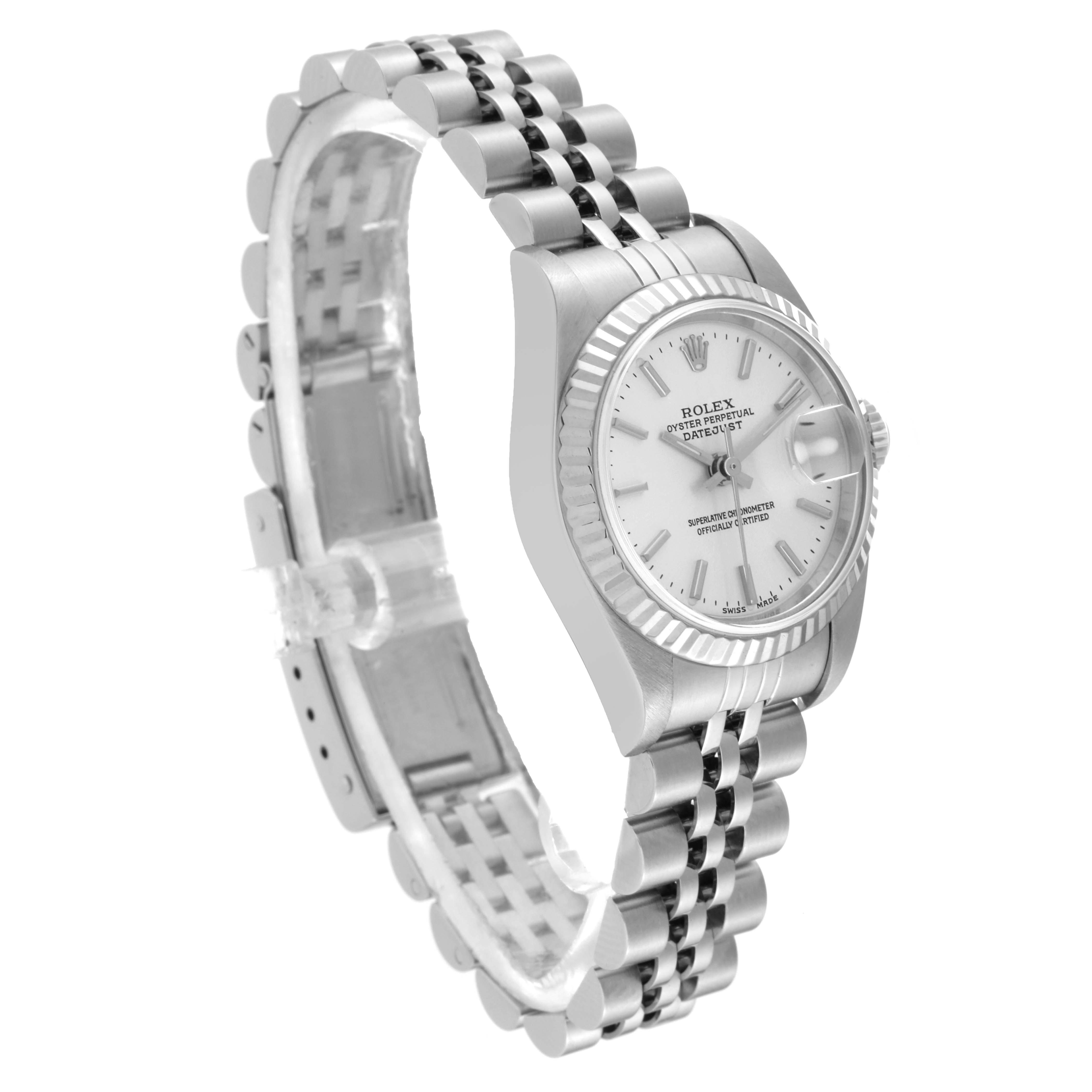 The Rolex Datejust 79174 Women's Stainless Steel Silver Dial 79174 Women's Stainless Steel Silver Dial watch is angled from the top right, showcasing the face and complete strap.