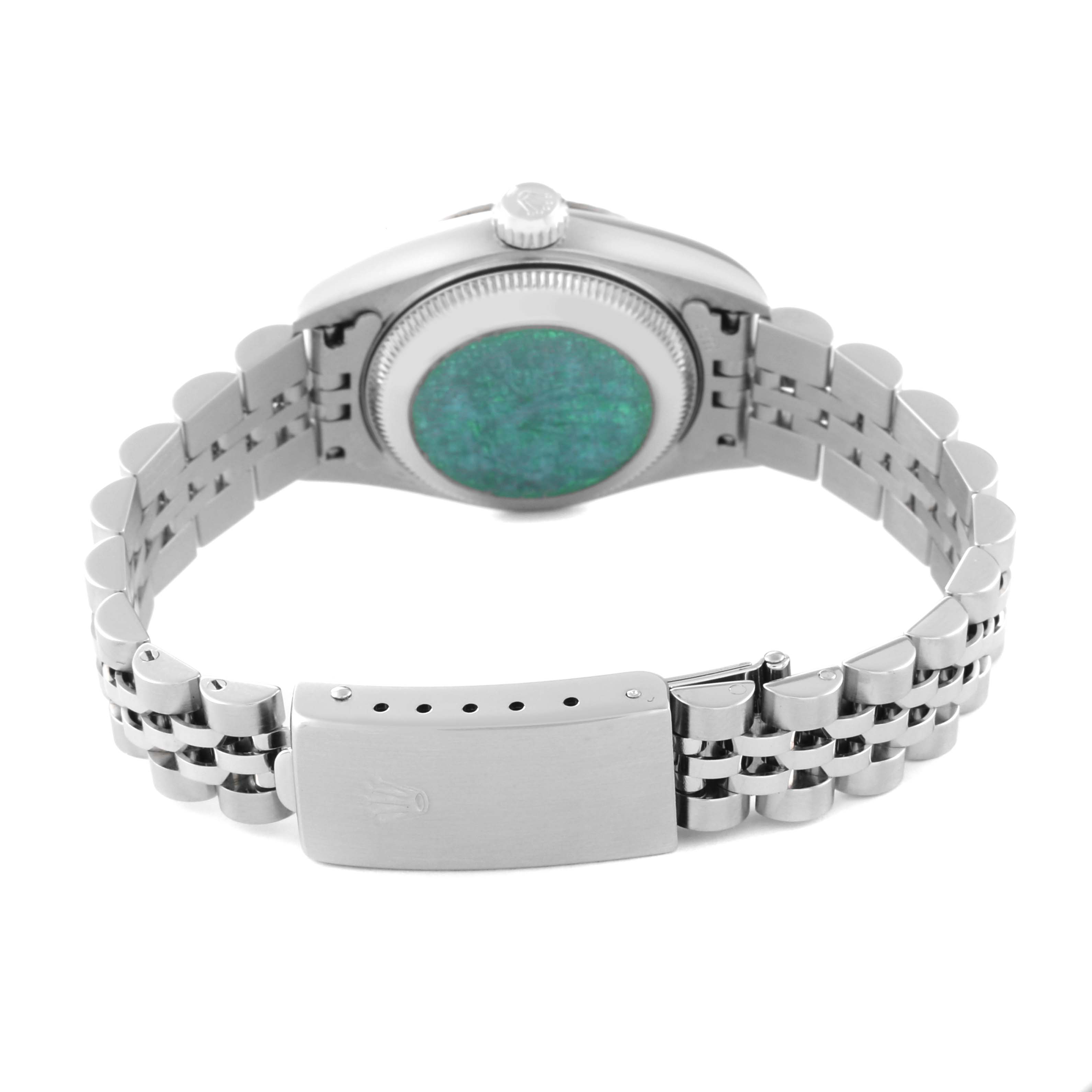 The image shows the back view of a Rolex Datejust 79174 Women's Stainless Steel Silver Dial 79174 Women's Stainless Steel Silver Dial watch, highlighting its bracelet and clasp.