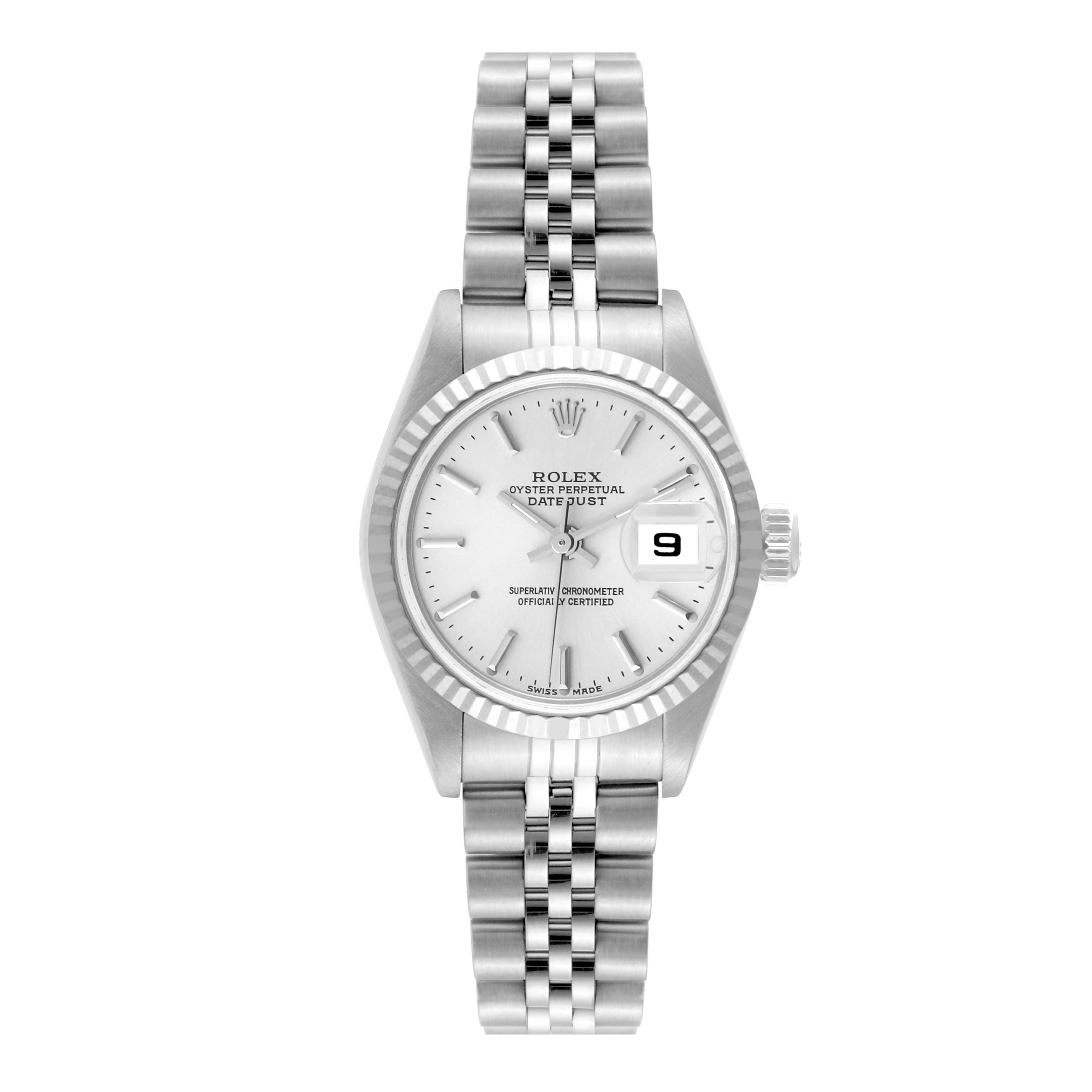 The image shows a front view of the Rolex Datejust 79174 Women's Stainless Steel Silver Dial 79174 Women's Stainless Steel Silver Dial watch, highlighting the face, bezel, and bracelet.