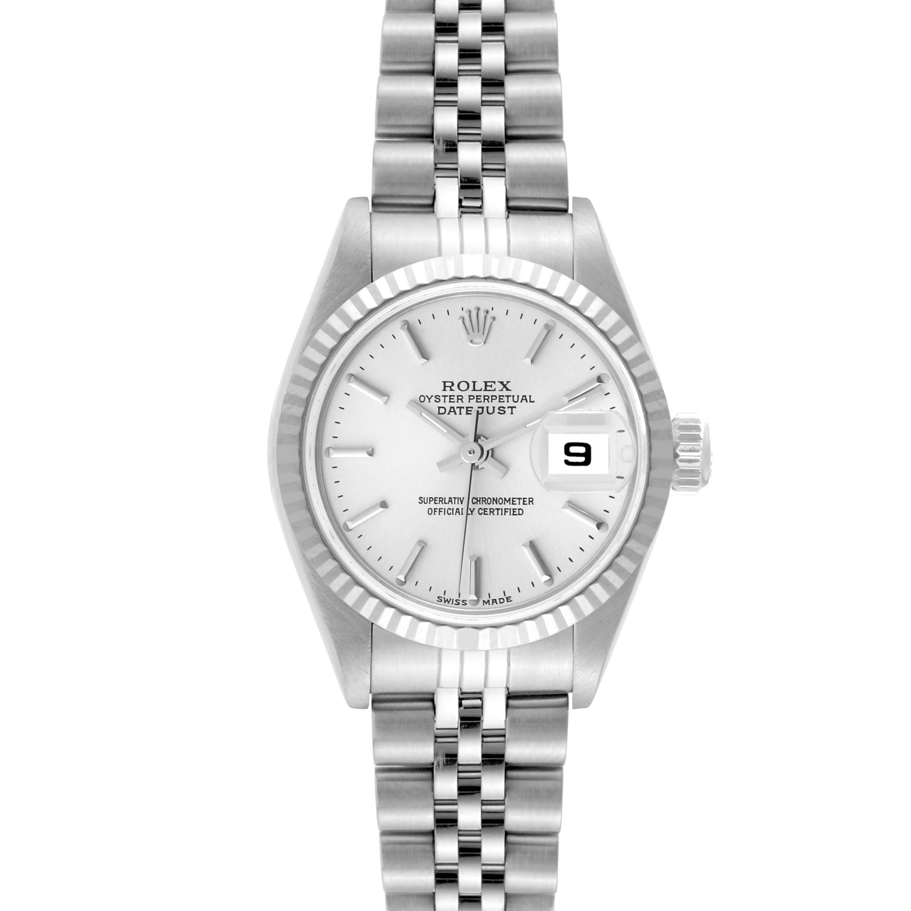 The image shows a front view of a Rolex Datejust 79174 Women's Stainless Steel Silver Dial 79174 Women's Stainless Steel Silver Dial watch, highlighting the dial, bezel, crown, and bracelet.