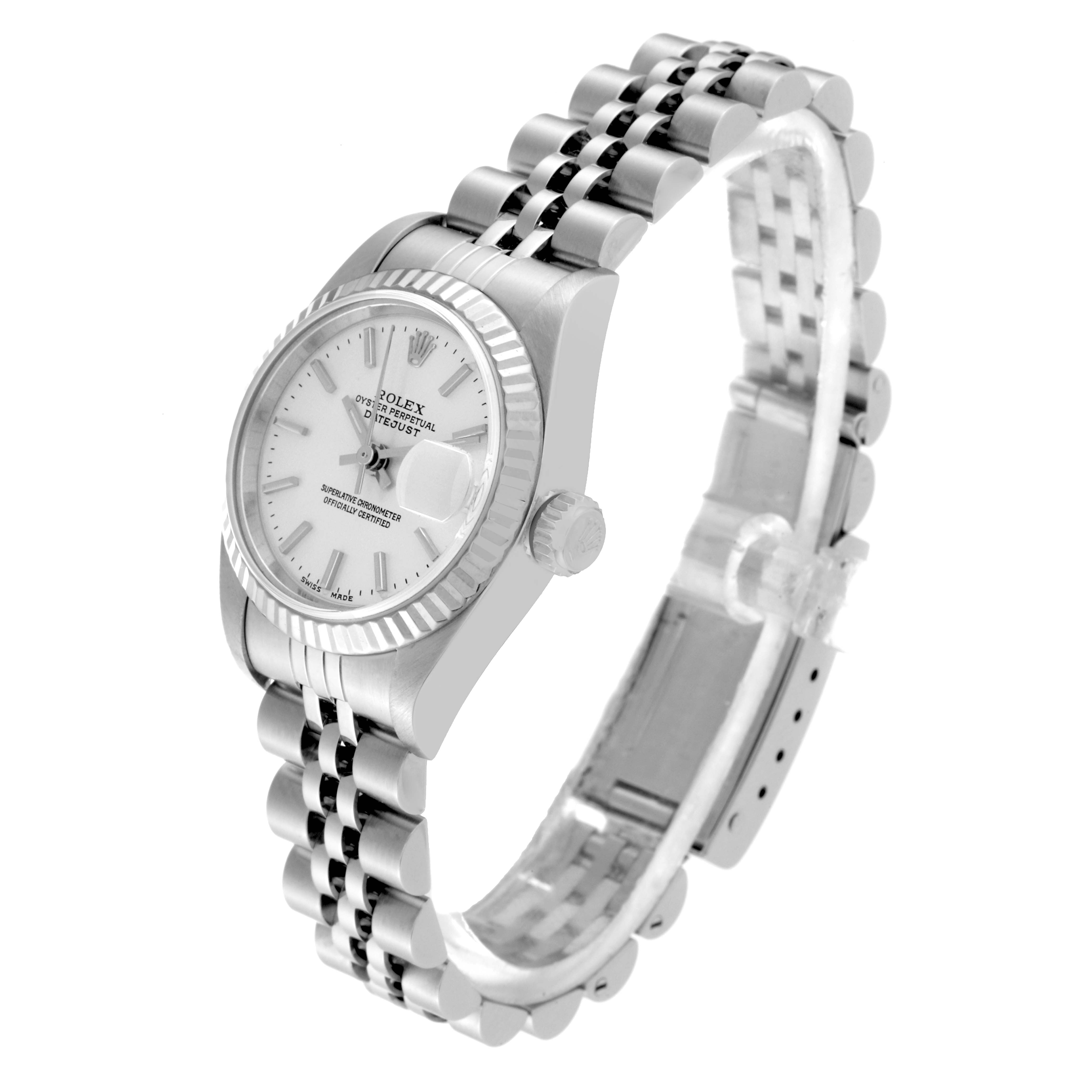 The Rolex Datejust 79174 Women's Stainless Steel Silver Dial 79174 Women's Stainless Steel Silver Dial watch is shown at a left-side angle, displaying the dial, crown, and part of the bracelet.